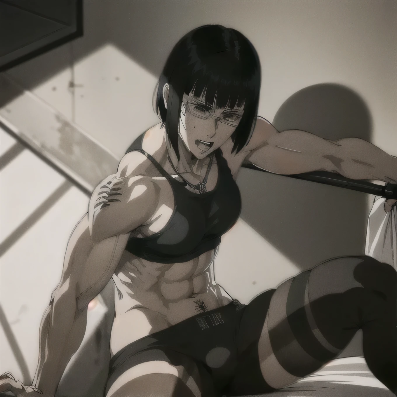 (best quality,ultra-detailed,realistic:1.37),musclaur badass girl with sculpted body with preview her musclaur body and six-pack, full review of the female character's face and body, intense expression,studio lighting, vivid colors, physiologically-based rendering, grungy texture, rugged background, dust particles in the air, commanding presence, professional, powerful, gritty aesthetics,,Valmet،short hair،tattoos on shoulders,,Shining muscles, muscle protrusion,wearing military male black underwear and midriff tank top,necklace,training hard,dick growth inside underwear,sitting in side of bed