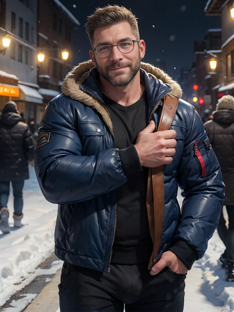 Award-winning original photo，(((2 men)))，Men，Wild muscle man, (40-year-old father:1.1), beard, Burly，Macho, blue eyes, Jacket,Big bulge，Excellent J8， Happy look， One of the men wearing glasses, standing on a snow city streets, Cold atmosphere, snow, Embrace, detailed, charming, Close-up of face，Perfect hand details