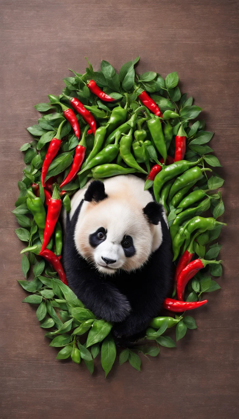 chili pepper、red pepper、Green peppercorns、spices、Arranged in the shape of a giant panda、panda structure、Shot from a bird's eye view