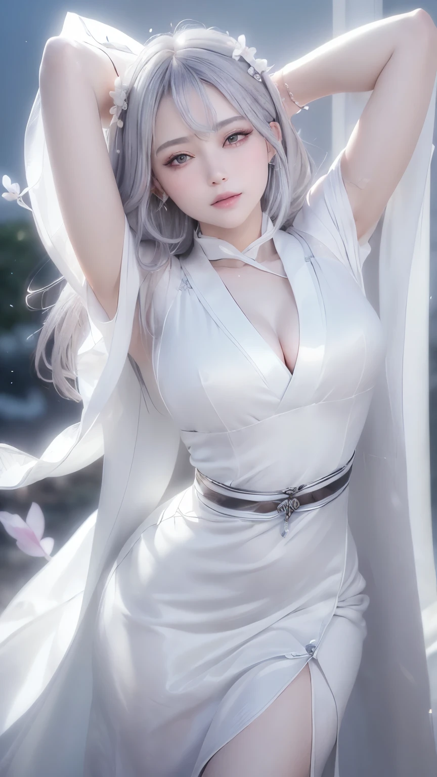 One wearing a white dress、Close up of cat-eared woman, ethereal beauty, Stunning young and ethereal figure, huge breasts,bigger breasts,G cup,flowing white robe, flowing skirt, flowing magic robe, beautiful girl, Very beautiful elf top model, Beautiful digital art work, tall thin beautiful goddess, beautiful goddess, Beautiful fantasy girl, beautiful fantasy art, Smooth digital concept art, Smooth anime CG art,heavy snow,snow mountain,lake,white hair