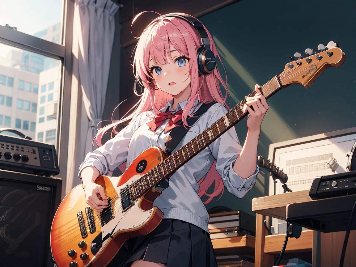 ((masterpiece,best quality)),1girl, solo, black skirt, blue eyes, electric guitar, guitar, headphones, holding, holding plectrum, instrument, long hairs, music, one side up, playing guiter, pleated skirt, , indoors ,(adult),[crossed bangs, messy hair,pink hair],(straight on:1.5), schools uniform, plump body 
