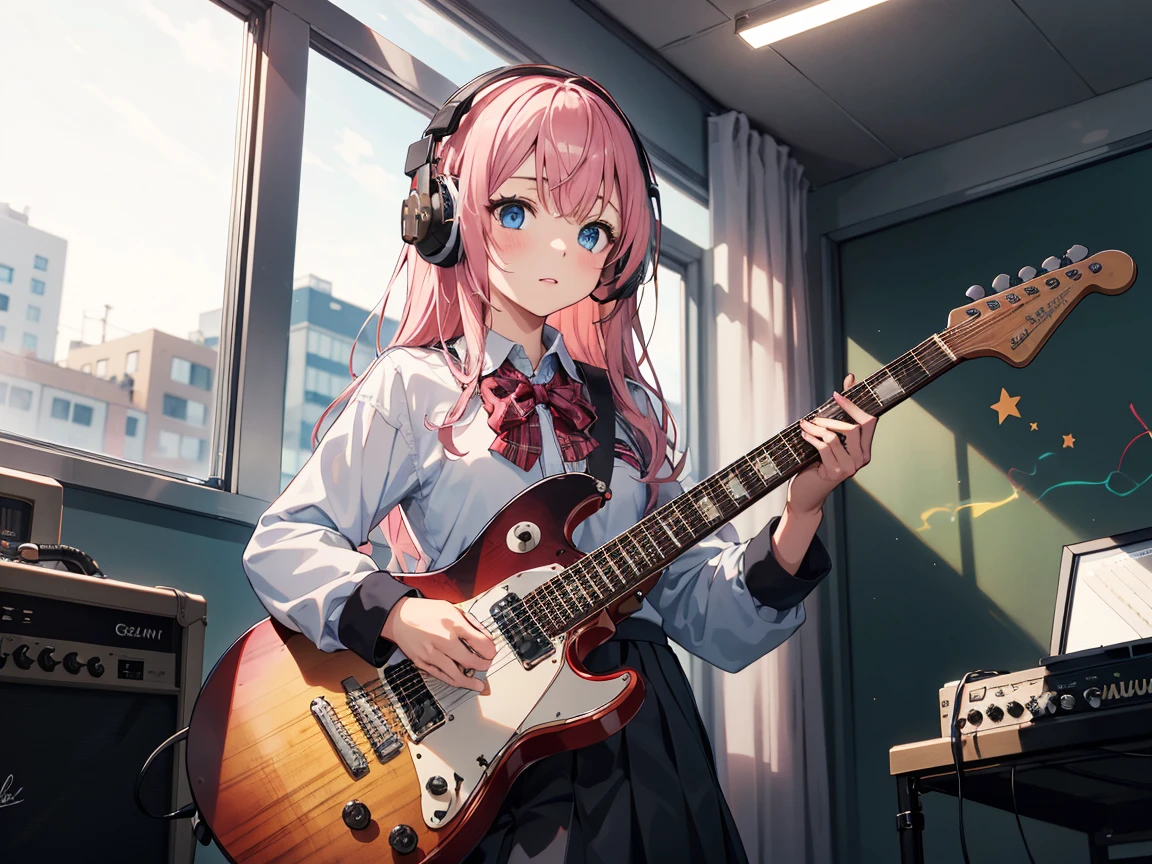 ((masterpiece,best quality)),1girl, solo, black skirt, blue eyes, electric guitar, guitar, headphones, holding, holding plectrum, instrument, long hairs, music, one side up, playing guiter, pleated skirt, , indoors ,(adult),[crossed bangs, messy hair,pink hair],(straight on:1.5), schools uniform, plump body 
