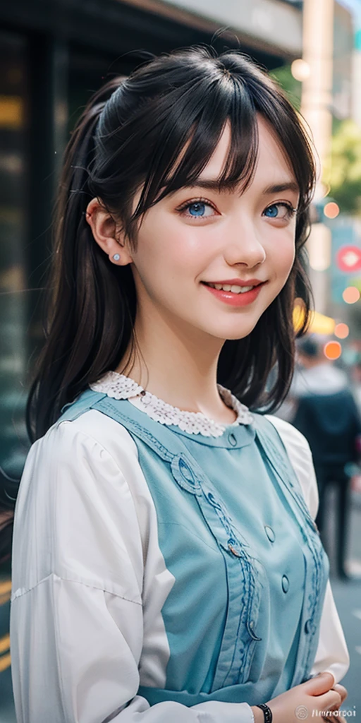 "portrait of full body the side and front of an goth punk european girl with brown hair,nice smile, sharp facial features, tunnels in the ears, earplugs, short hairstyle with a hairpin, a hairpin on the bangs,bright blue eyes color,bright shining white skin, sharp chin, face." 20years old on the street,(photorealistic), best quality, realistic, real picture, intricate details, depth of field, highly-detailed, perfect face, lips, Fujifilm XT3, RAW photo, 8k, crisp, sharp, sunny day