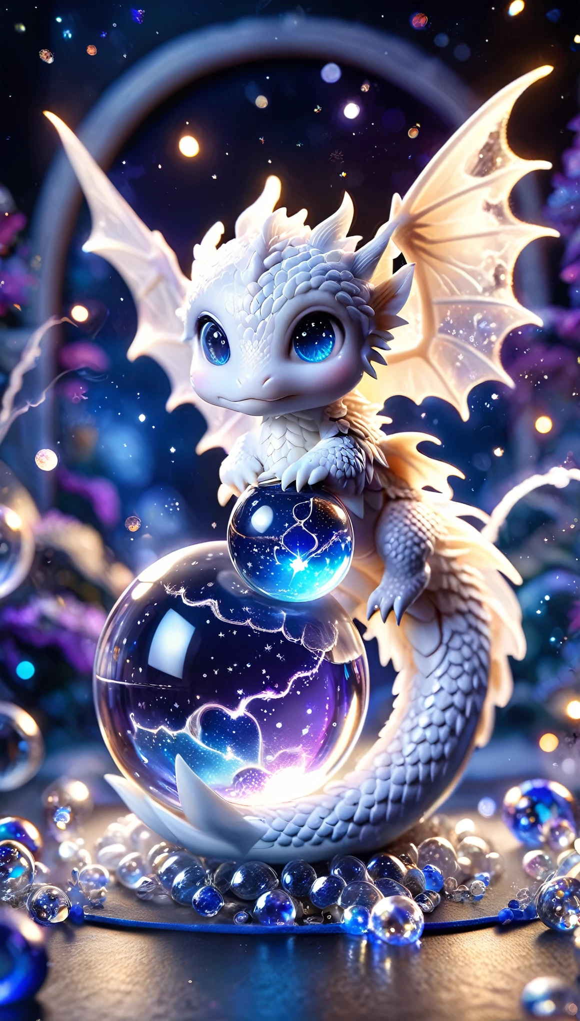 absurd, High resolution, Super detailed, HDR, masterpiece, best quality, ( Trapped in a crystal ball) Little White Dragon, Expressive blue eyes, White eyelashes, blue horns, wing, Fantasy magic background, shiny, shining, Purple lightning, Floating round lights, Starry Sky, blank