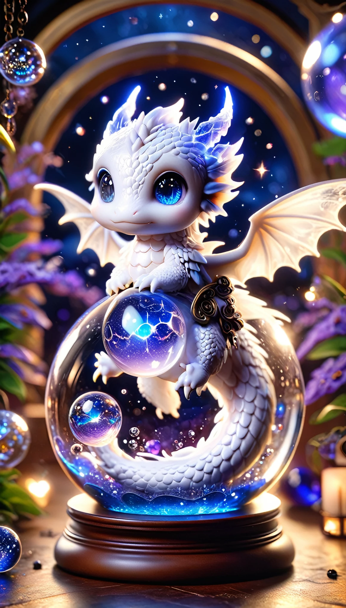 absurd, High resolution, Super detailed, HDR, masterpiece, best quality, ( Trapped in a crystal ball) Little White Dragon, Expressive blue eyes, White eyelashes, blue horns, wing, Fantasy magic background, shiny, shining, Purple lightning, Floating round lights, Starry Sky, blank