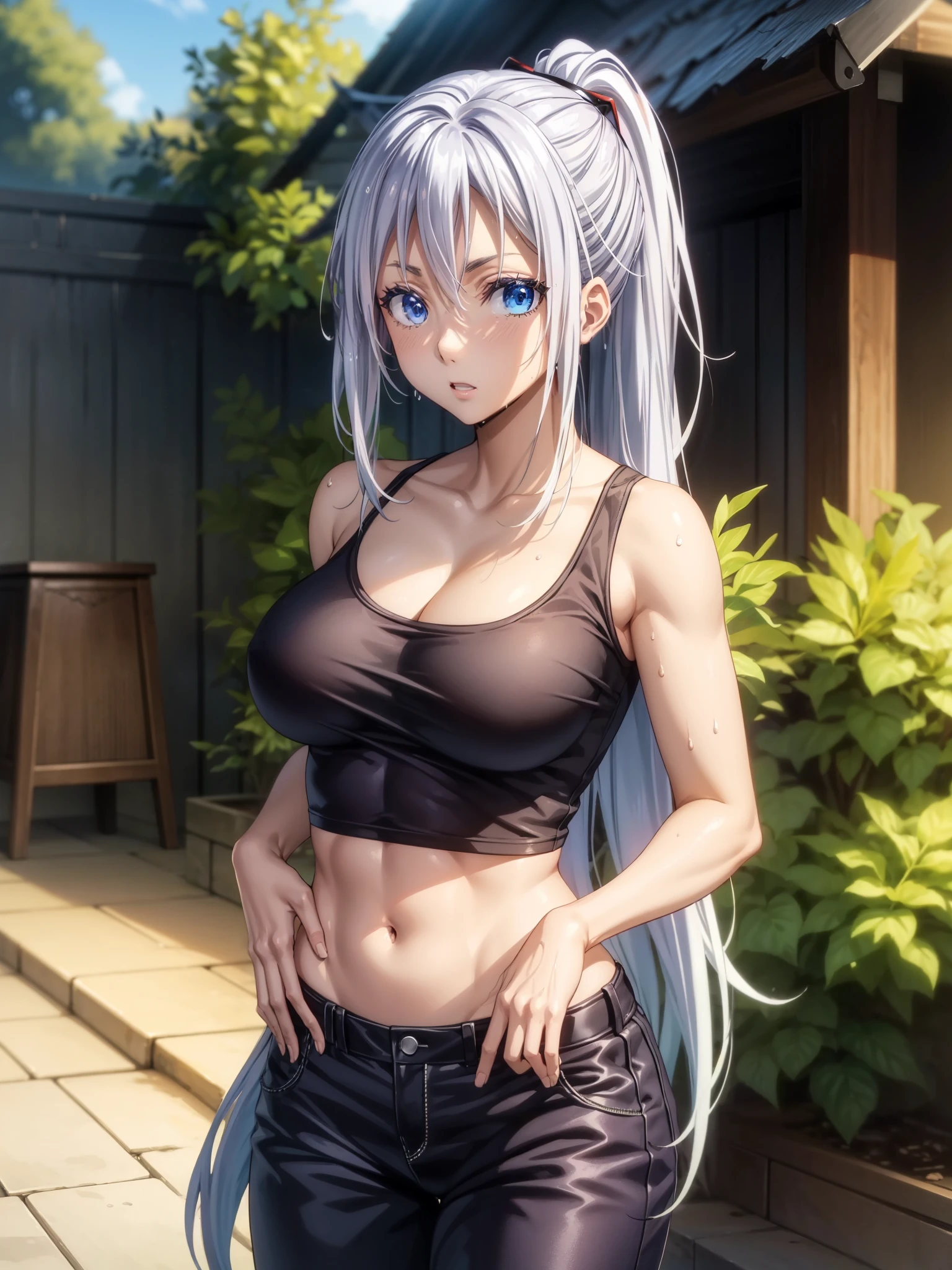 score_9、score_8_up、score_7_up、score_6_up、score_5_up、score_4_up、、solo、One girl、Mikasa Ackerman、White tank top、バギーpants、Fingerless gloves、belly button、pants、w3t、Wet tank top、Wet T-shirt、amrs behind back