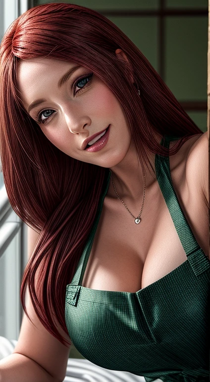 Uzumaki_Kushina, big_Breasts, Acquaintance, Single, Kushina_green_dress, Masterpiece, Best quality, Detailed face, Detailed eyes, High accuracy, He smiles, (Masterpiece:1.4, Best quality:1.2), (High accuracy), (detailed illustration), Very detailed, Konoha, Uzumaki_Kushina, Kushina_green_apron, half naked, big breasts,  Acquaintance straight,