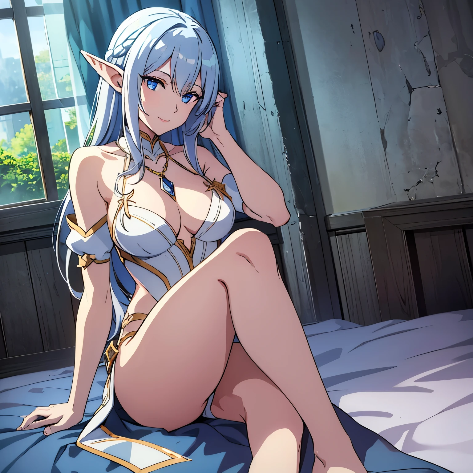 inn, tavern, on the bed, smile, Smiling, solo, battle stance, 1girl, soft smile, slender figure, slim, young girl, short height, full cheeks, skinny, Sexy, Beautiful composition, beatiful face, handsome body (Body Full 1.1.), Beautiful figure, in full height (Body Full 1.1.), closed mouth, Digital Art, sexypose, small-sized breasts, High Elf Knight(Body Full 1.1) elf, (Dark Blue eyes:1.5), white hair, long hair, braid on hair, silver hair, Knight, Beautiful figure, beautiful breasts, (Fullness of the body.1,1) silver hair, Hair between the eyes, hairlong, straight hair, pointed ears, long ears, side locks, bangs, Asymmetrical Clothing, elf, (Masterpiece:1.2), Best Quality, High Resolution, Unity 8k Wallpaper, (illustration:0.8), (beautiful detail eyes:1.6), extremely detailed face, perfect lighting, extremely detailed CGI, (perfect arms, perfect anatomy), epic composition, tunic, hair braid on head, braid, tress, tress on head, golden spear, looking at viewer, necklace, cleavage, fullbody, full-body, sitting, legs together, bare legs, bare feet, feet soles