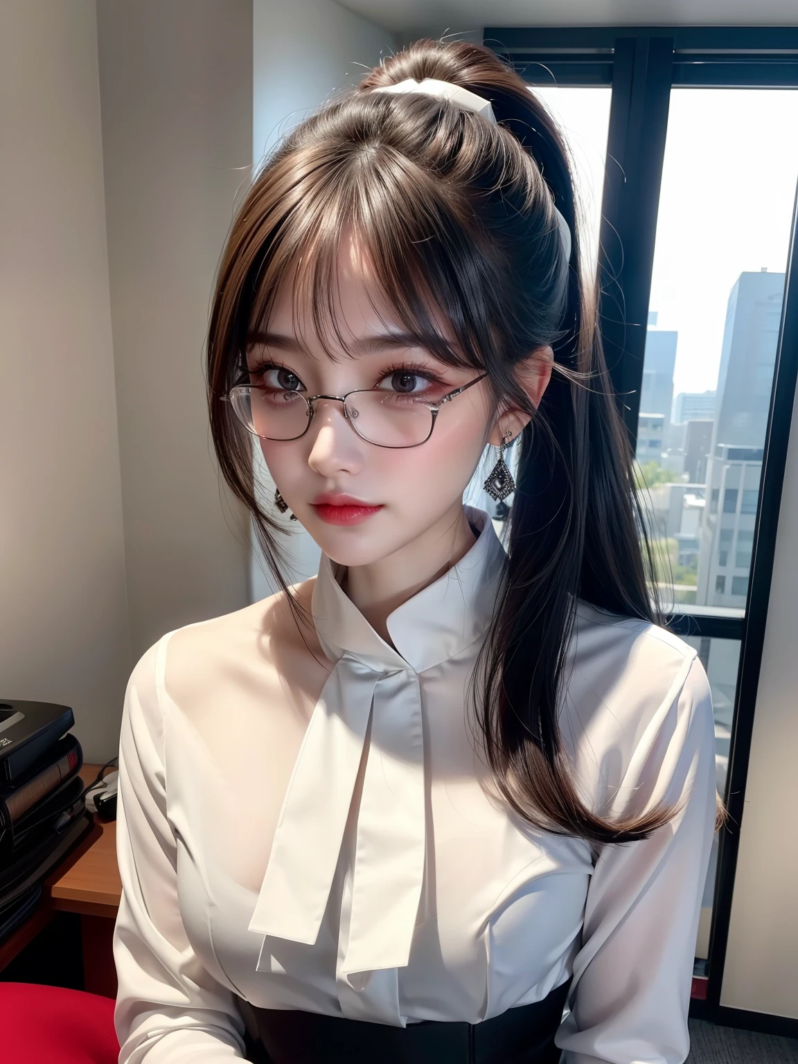 Bust up shot, Dynamic Lighting, (highest quality:1.4), 32K resolution, (Realistic:1.5), (Ultra-realistic:1.5), High resolution UHD, (masterpiece:1.2), (Improvement of quality:1.4), (1.lady), plain office lady, 43 years old, Perfect Anatomy:1.37, (white blouse shirt:1.37), (Long sleeve shirt:1.1), (Black Skirt:1.21), (Black-rimmed glasses:1.21), Earrings, (In the office at dusk:1.21), (Blurred Background), Shut your mouth, Sharpen your eyebrows, [Pink lipstick:0.8], (Super lethargic details:1.25), (Bright pale complexion), Red blush, Dark eyes, Symmetrical eyes, Natural Makeup, ((A great eye for quality:1.2)), (tired, Sleepy and satisfied:0.0), (Beautiful Lips:1.33), (Great nose:1.2),  (Flat Chest), (Slim lower body), Shiny black hair, Let your bangs hang long, (low ponytail:1.21), ((Realistic)), ((Sharp focus)), ((The most ridiculous quality)), (Ultra-high resolution:1.6), Emotional and spectacular cinematic lighting,