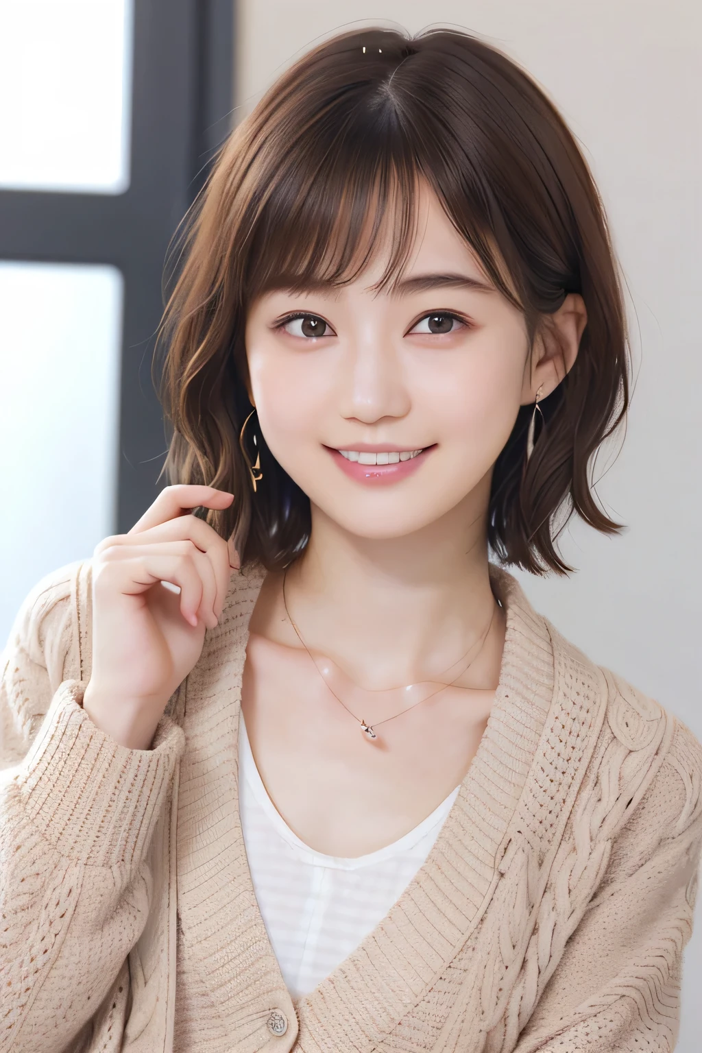 205  ((short hair)), 20-year-old female, In underwear、Put on a cardigan、 A refreshing smile、Open your mouth、Beautiful teeth alignment、Brown Hair、ear piercing、Necklace around the neck、Mask on mouth