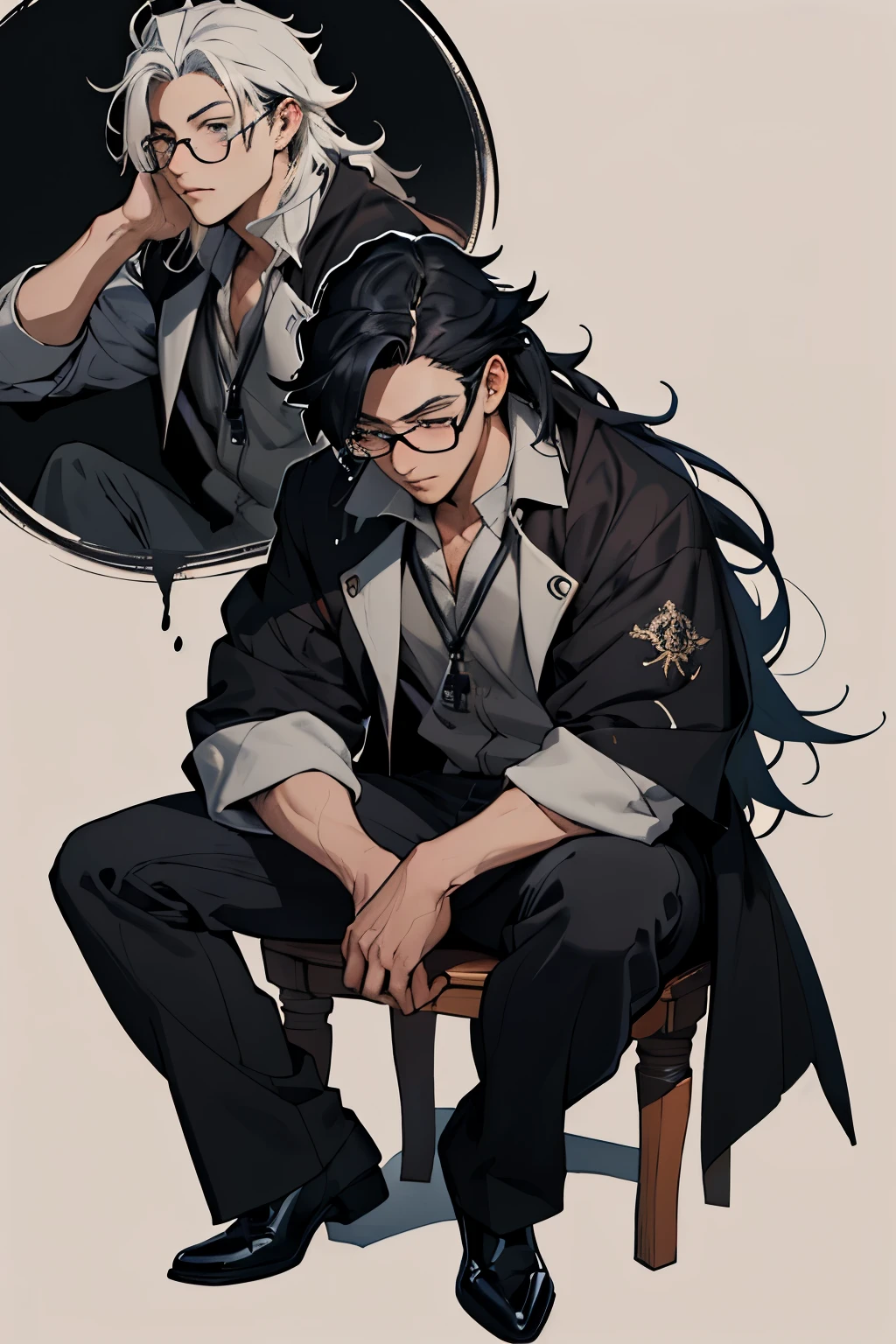 (Masterpiece, best quality), ultra-detailed, anime style, a young man with a tired face, round glasses, long black hair, fantasy warlock outfit, sitting down, fantasy background, trending art station, high resolution
Tezuka Osamu style anime, a young man with a tired expression, full body of Mad scientist genius, long white hair, round glasses,