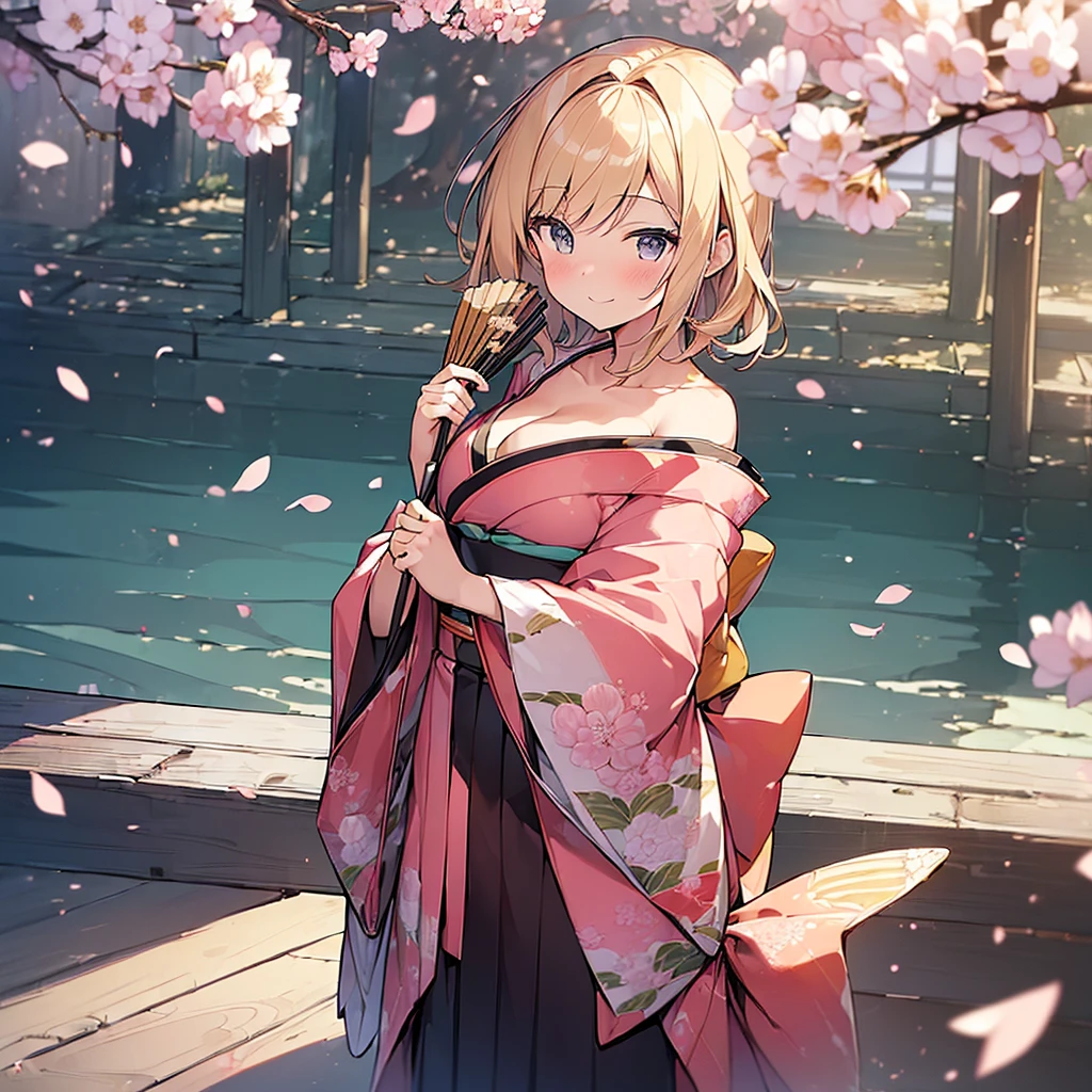 (Masterpiece, Top quality: 1.5), upper body , (holding a big folded fan:1.3), dynamic pose, 1 beautiful girl, solo, blond hair, (kimono :1.3), off shoulder, medium hair, wave hair, (junior high school student:1.2), cleavage, medium breasts, standard weight, (blush:1.2), smile, Beautiful scene of cherry blossom trees, magnificent panorama view, SakuraFubuki