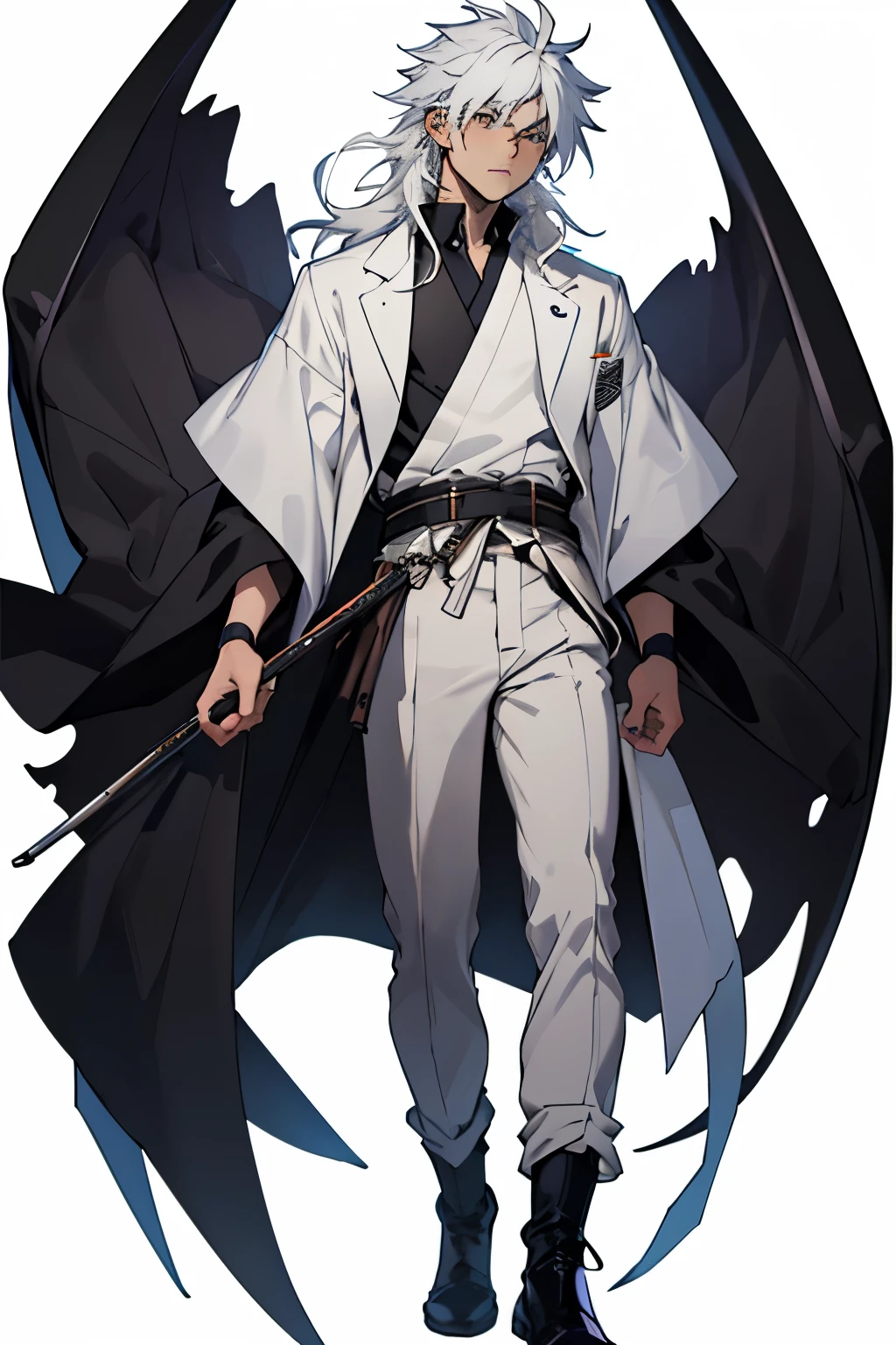 (Masterpiece, best quality), ultra-detailed, Tezuka Osamu style anime, a young man with a tired expression, full body of Mad scientist genius, long white hair, black frock coat, fantasy mage outfit, 8k high resolution, trending art station, white background, whole body,