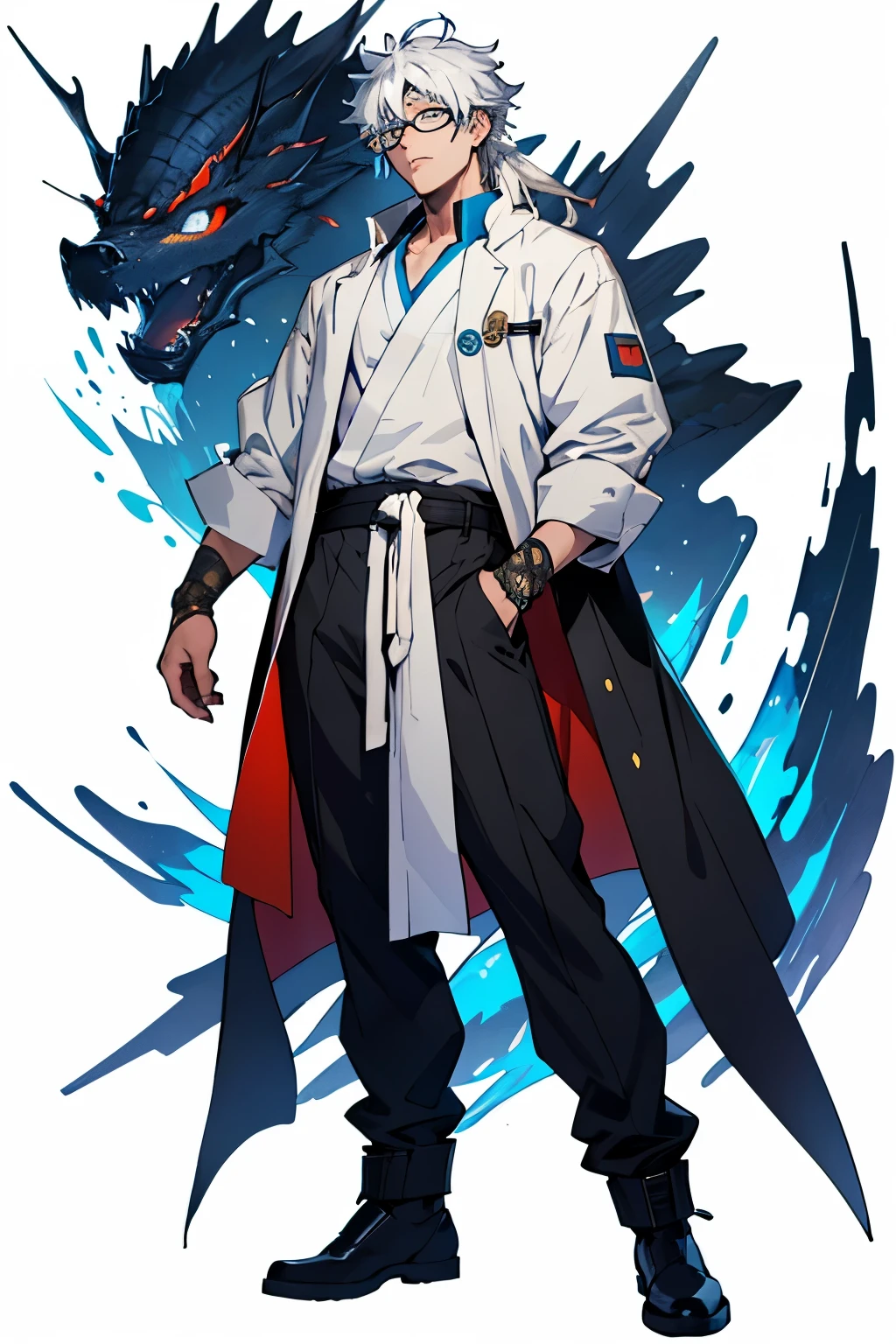 (Masterpiece, best quality), ultra-detailed, Tezuka Osamu style anime, a young man with a tired expression, full body of Mad scientist genius, long white hair, round glasses, fantasy mage outfit, 8k high resolution, trending art station, white background, whole body,