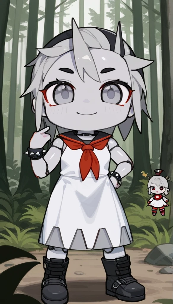 score_9, score_8_up, source_anime, masterpiece, best quality, BREAK 1girl, chibi, grey metallic skin, smile, white dress, grey long spiked metallic hair, grey eyes, black boots, black wristband, red neckerchief, forest, absurdres