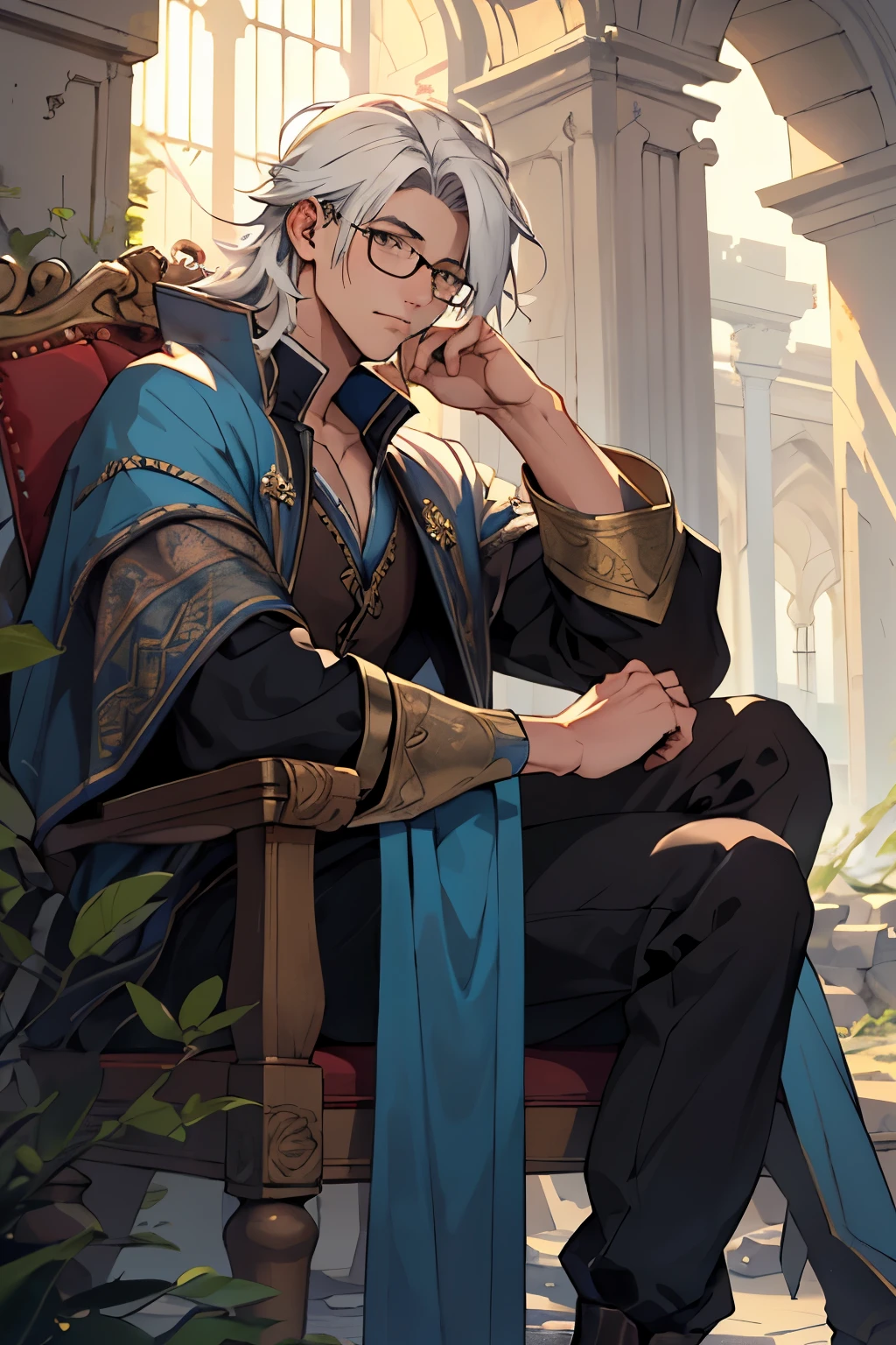 ((best quality)), ((masterpiece)), (detailed), young man, perfect face, long white hair, simple mage outfit, round glasses, tired expression, sitting in chair, fantasy ruins background