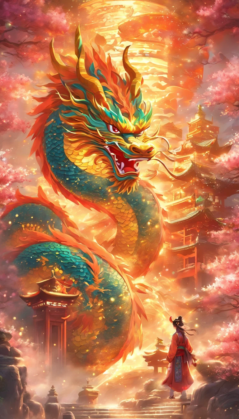 Chinese style elements,Oriental dragon image, Blessed by the dragon,The dragon is praying,Soaring skies, There are colorful lights everywhere, They were delighted, (High contrast), (The era of fantasy worlds), People are happily shopping, The atmosphere of the Spring Festival, (Ray tracing, Global illumination), (Masterpiece:1.4), (vibrant:1.2), Cinematic, iintricate,detail-rich, (Ultra-detailed CG unity 8k wallpaper)