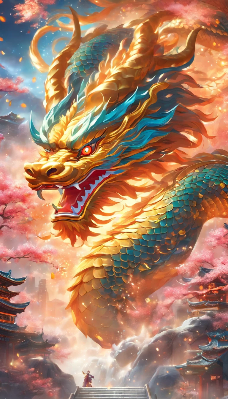 Chinese style elements,Oriental dragon image, Blessed by the dragon,The dragon is praying,Soaring skies, There are colorful lights everywhere, They were delighted, (High contrast), (The era of fantasy worlds), People are happily shopping, The atmosphere of the Spring Festival, (Ray tracing, Global illumination), (Masterpiece:1.4), (vibrant:1.2), Cinematic, iintricate,detail-rich, (Ultra-detailed CG unity 8k wallpaper)