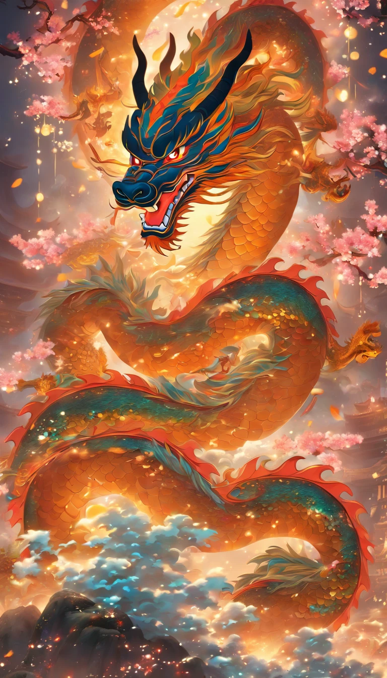 Chinese style elements,Oriental dragon image, Blessed by the dragon,The dragon is praying,Soaring skies, There are colorful lights everywhere, They were delighted, (High contrast), (The era of fantasy worlds), People are happily shopping, The atmosphere of the Spring Festival, (Ray tracing, Global illumination), (Masterpiece:1.4), (vibrant:1.2), Cinematic, iintricate,detail-rich, (Ultra-detailed CG unity 8k wallpaper)