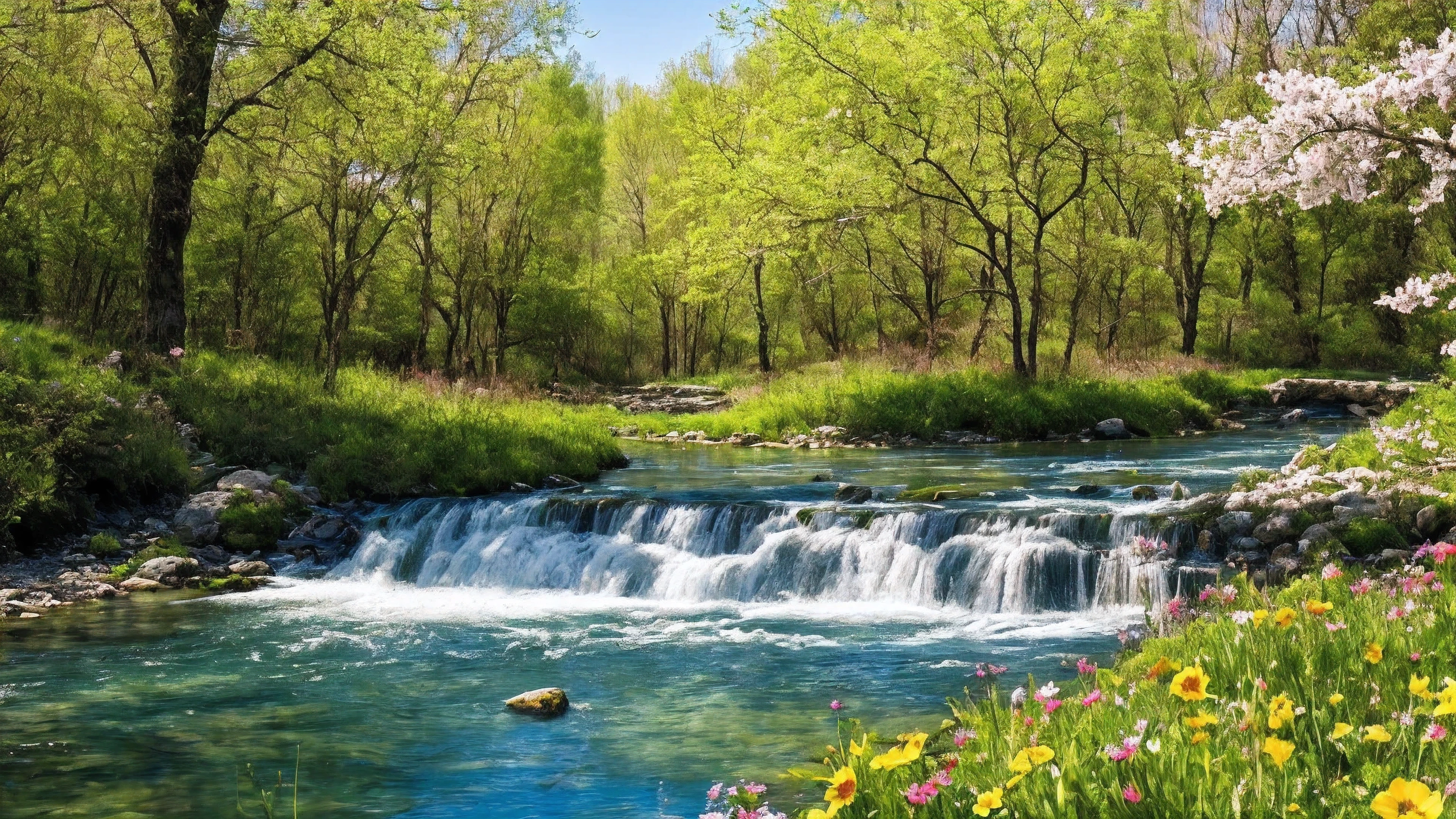 (((masterpiece,highest quality,4K))),,Spring scenery, countryside, Colorful flowers, sunny, stream