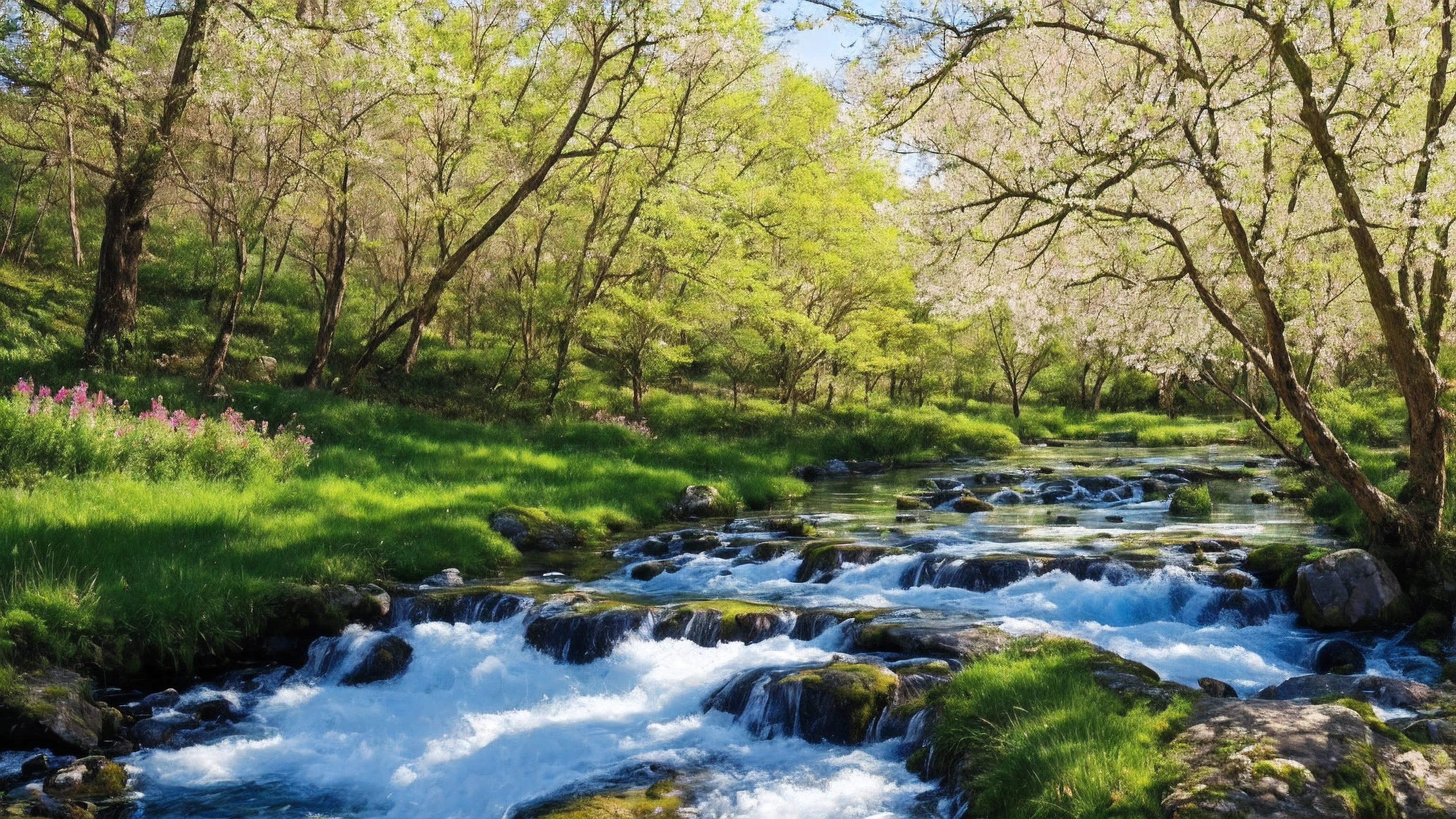 (((masterpiece,highest quality,4K))),,Spring scenery, countryside, Colorful flowers, sunny, stream