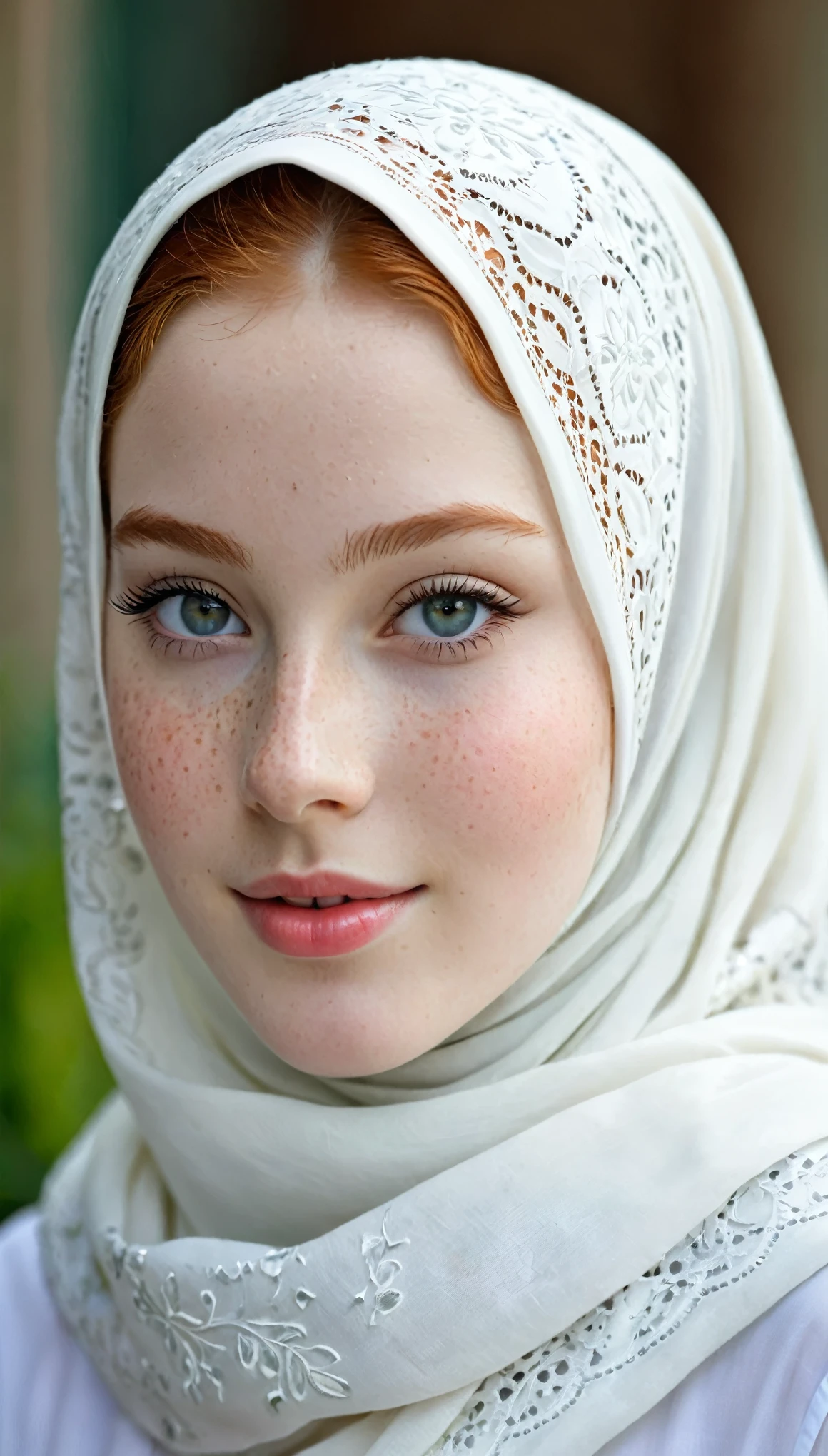 photography full body portrait of very beautiful realistic girl, 15-years-old, porcelain skin, very fair skin, very pale skin, redhead, detail freckles skin, hazel eyes, slanted eyes, small nose, small nostril, thick curved eyebrow, thick bottom lip, seductive gaze, happy face, unique face, wear white turkish hijab, Muslim decent hijab, long baggy pants, detail photo, realistic photo, master piece picture, sharp picture, outdoor clear daylight