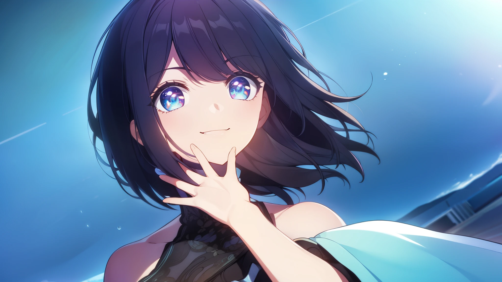 1female, medium hair, small breast, black hair, cyan eyes, casual, smiling, standing, visual novel cg style, BREAK looking at viewer, BREAK (masterpiece:1.2), best quality, high resolution, unity 8k wallpaper, (illustration:0.8), (beautiful detailed eyes:1.6), extremely detailed face, perfect lighting, extremely detailed CG, (perfect hands, perfect anatomy)