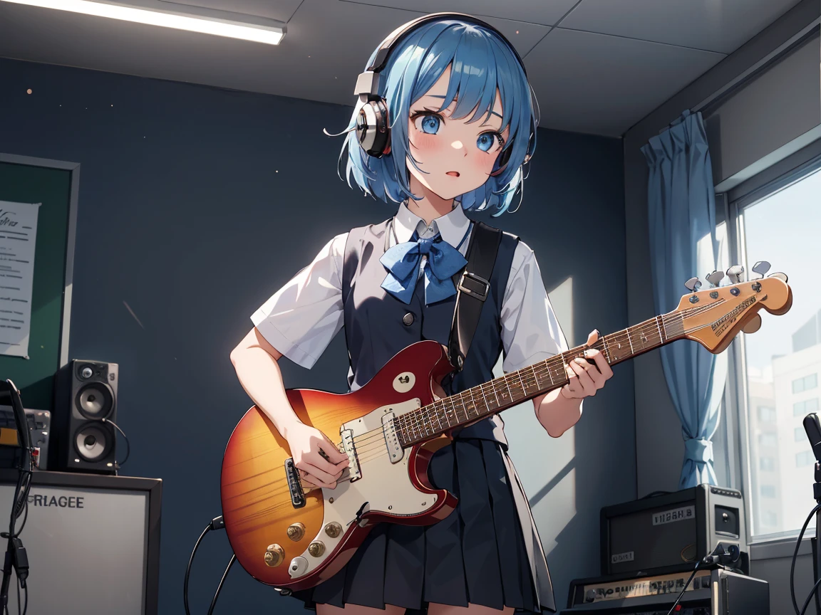 ((masterpiece,best quality)),1girl, solo, black skirt, blue eyes, electric guitar, guitar, headphones, holding, holding plectrum, instrument, short hairs, music, one side up, playing guiter, pleated skirt, , indoors ,(adult),[parted bangs,forehead,messy hair,blue hair],(straight on:1.5), schools uniform, plump body 
