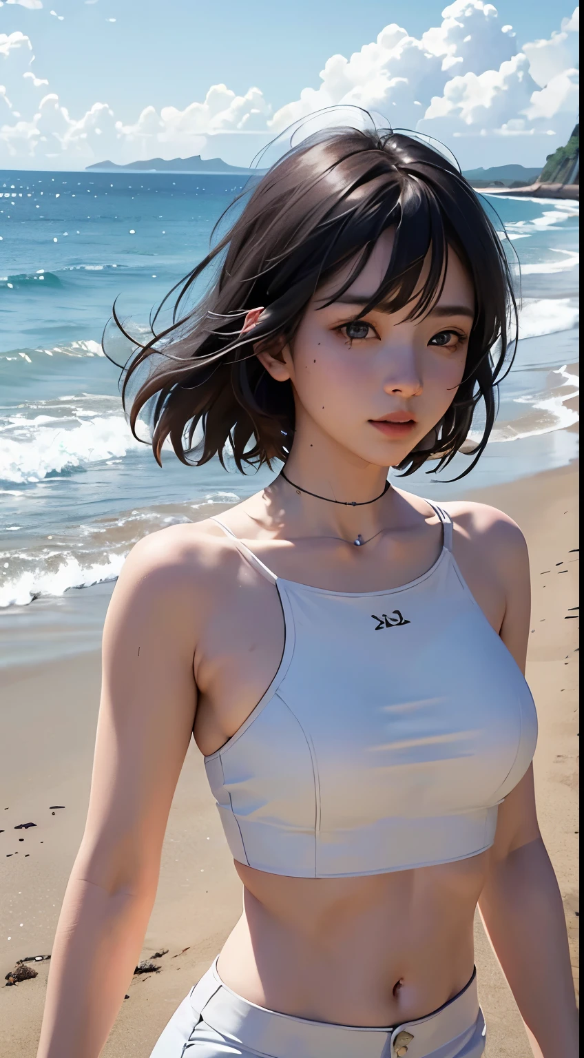 (logo、masterpiece、8k、Tabletop、RAW Photos、wonderful、最high quality、Photorealistic and Very detailed CG integrated 8k wallpaper、high quality、Very detailed、Narrative poem、Particle Effects、Dynamic Effects、Written boundary depth、Cinematic Light、Lens flare、Ray Tracing)、Fantasy、 (One beautiful woman、White pants、White T-shirt、White tube top、White crop top、Black-haired、Beautiful Face、True Face、Beautiful details、eye、Beautiful Skin、Ultimate Body、glamorous)、私の髪はWindに舞う、Hair flutters in Wind、Hair bounces、Seaside、wonderful景色、Coastal、sunrise、Sun in the background、Wind、Beach