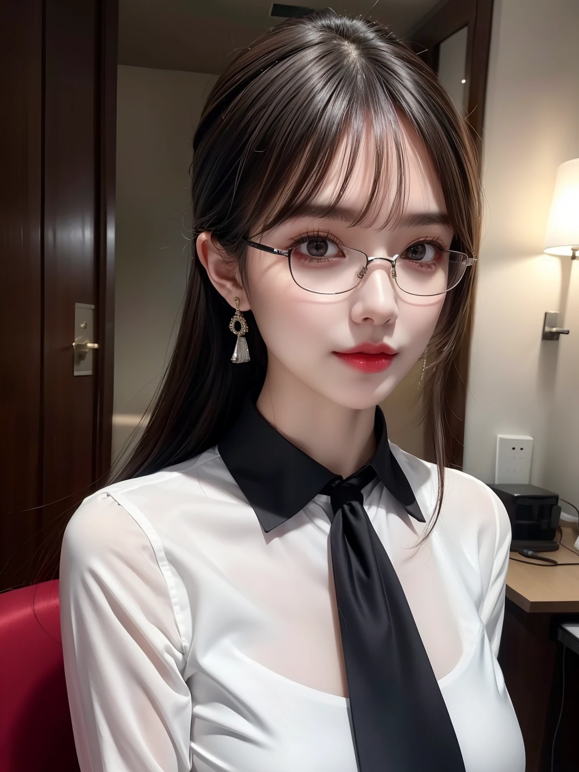 Bust up shot, Dynamic Lighting, (highest quality:1.4), 32K resolution, (Realistic:1.5), (Ultra-realistic:1.5), High resolution UHD, (masterpiece:1.2), (Improvement of quality:1.4), (1.lady), plain office lady, 43 years old, Perfect Anatomy:1.37, (white blouse shirt:1.37), (Long sleeve shirt:1.1), (Black Skirt:1.21), (Black-rimmed glasses:1.21), Earrings, (In the office at dusk:1.21), (Blurred Background), Shut your mouth, Sharpen your eyebrows, [Pink lipstick:0.8], (Super lethargic details:1.25), (Bright pale complexion), Red blush, Dark eyes, Symmetrical eyes, Natural Makeup, ((A great eye for quality:1.2)), (tired, Sleepy and satisfied:0.0), (Beautiful Lips:1.33), (Great nose:1.2),  (huge and sagging breasts), (Slim lower body), Shiny black hair, Let your bangs hang long, (low ponytail:1.21), ((Realistic)), ((Sharp focus)), ((The most ridiculous quality)), (Ultra-high resolution:1.6), Emotional and spectacular cinematic lighting,