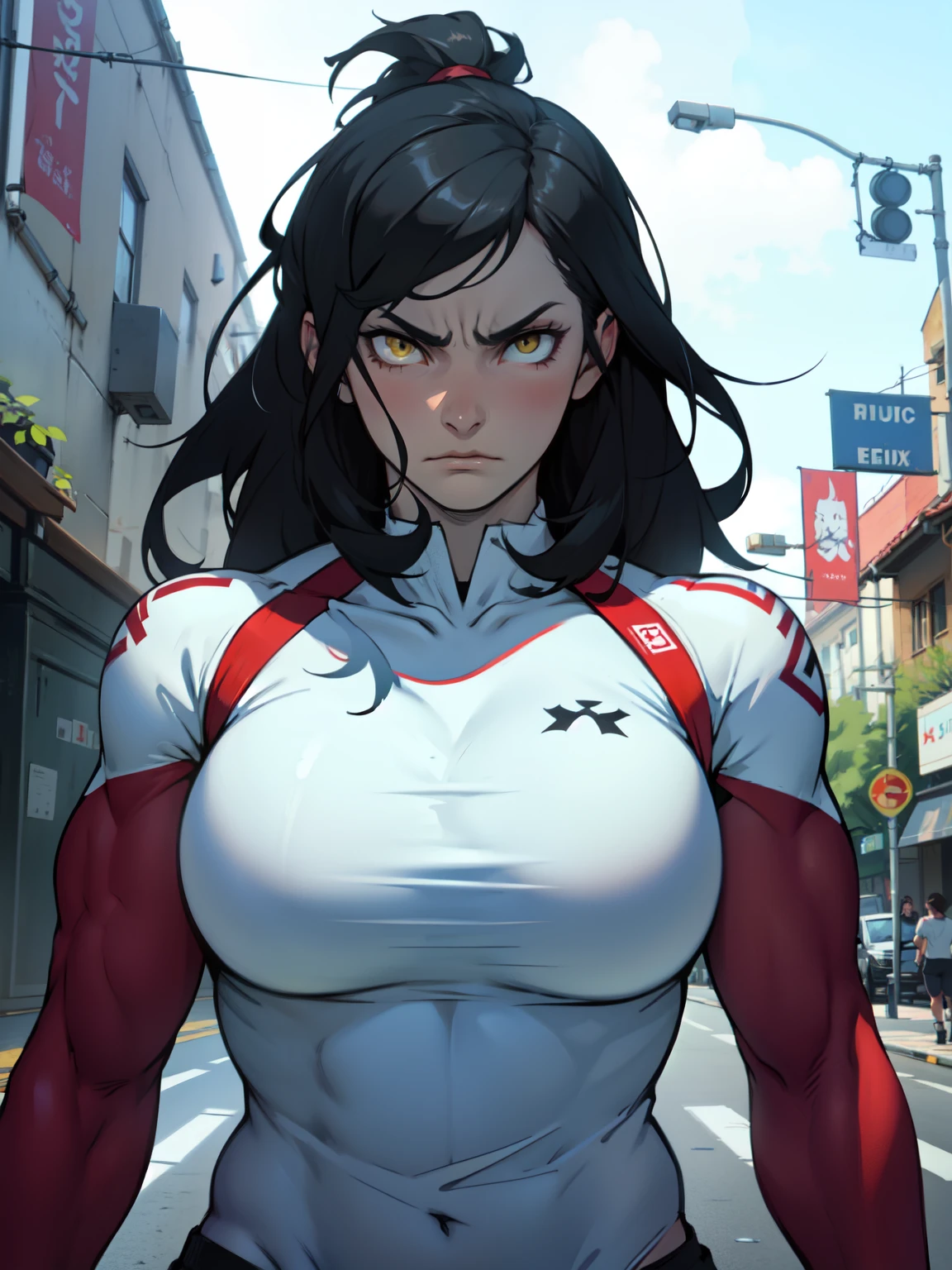 (((girl muscular))) ((toned body huge breasts)) pale skin black hair yellow eyes dark atmosphere sad sad sad thick thick thick