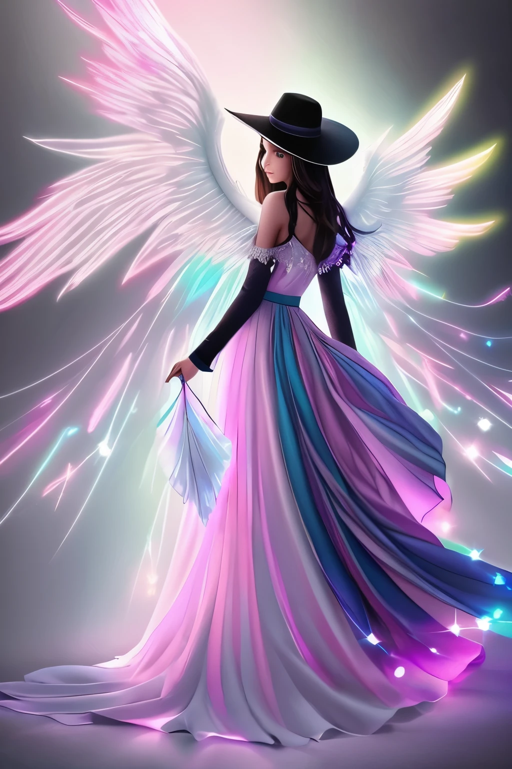 Black hat with angel wings,luminous design, pastel colours, spring lights