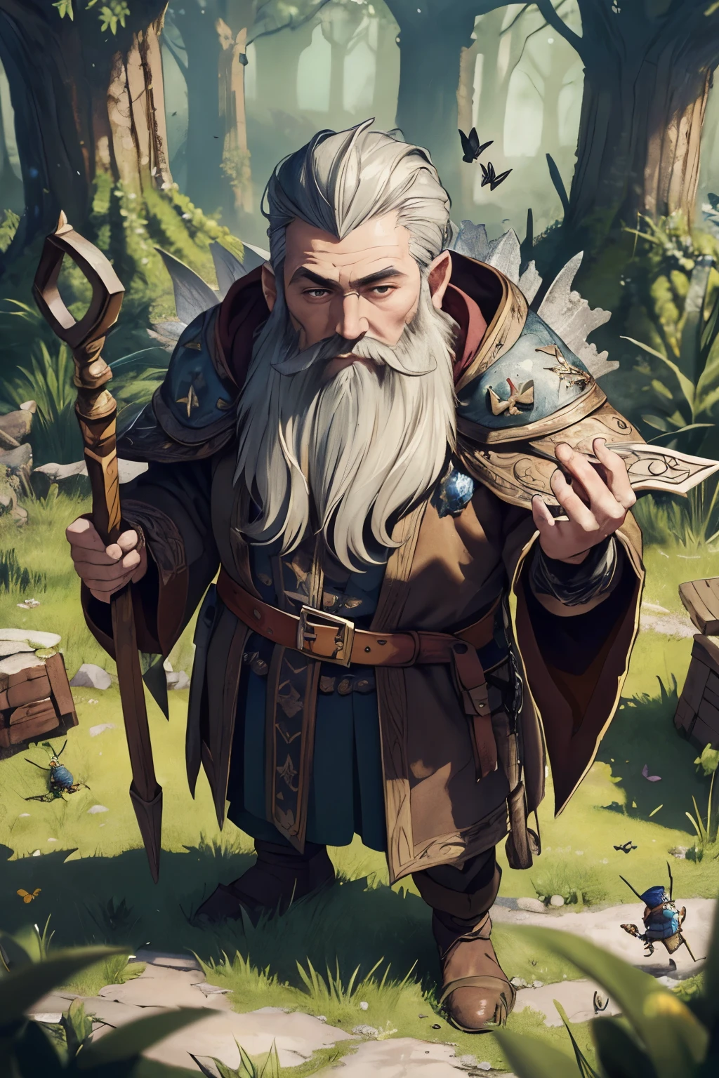 ((best quality)), ((masterpiece)), (detailed), perfect face, fantasy gnome, young, dark hair, small beard, mage outfit, surrounded by swarming insects around his body, fantasy background, dnd