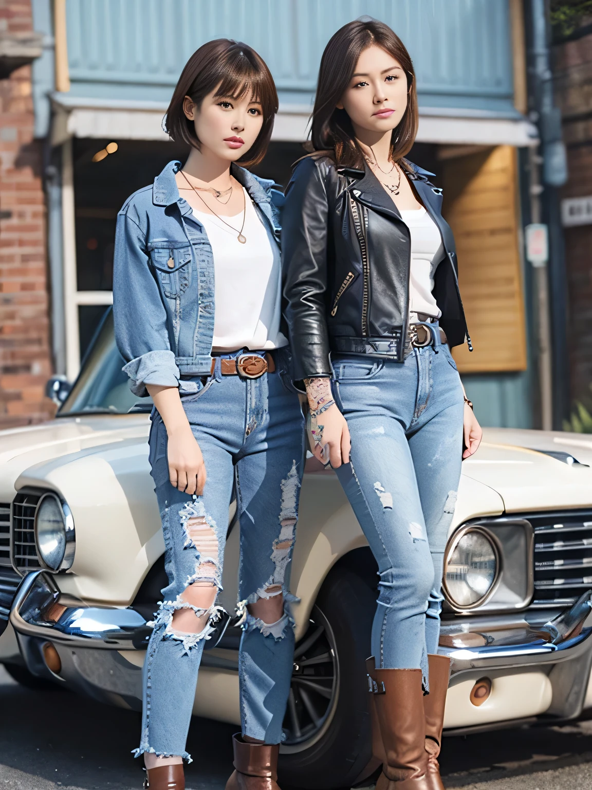 highest quality, masterpiece, Realistic photos, 、Leather Riders Jacket、Denim jacket、White undershirt、Vintage Denim、Distressed denim、laminate pants、Super tight pants、attractive leg line、Long legs、boots、Short Haircut、Light brown hair、Dark brown hair、Face in perfect detail,rivet、belt、Bangles、necklace、tattoo、Old broken brick building、stand arrogantly、17Age2Human Girl
