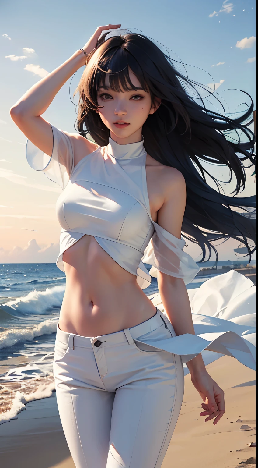 (logo、masterpiece、8k、Tabletop、RAW Photos、wonderful、最high quality、Photorealistic and Very detailed CG integrated 8k wallpaper、high quality、Very detailed、Narrative poem、Particle Effects、Dynamic Effects、Written boundary depth、Cinematic Light、Lens flare、Ray Tracing)、Fantasy、 (One beautiful woman、White pants、White T-shirt、White tube top、White crop top、Black-haired、Beautiful Face、True Face、Beautiful details、eye、Beautiful Skin、Ultimate Body、glamorous)、私の髪はWindに舞う、Hair flutters in Wind、Hair bounces、Seaside、wonderful景色、Coastal、sunrise、Sun in the background、Wind、Beach