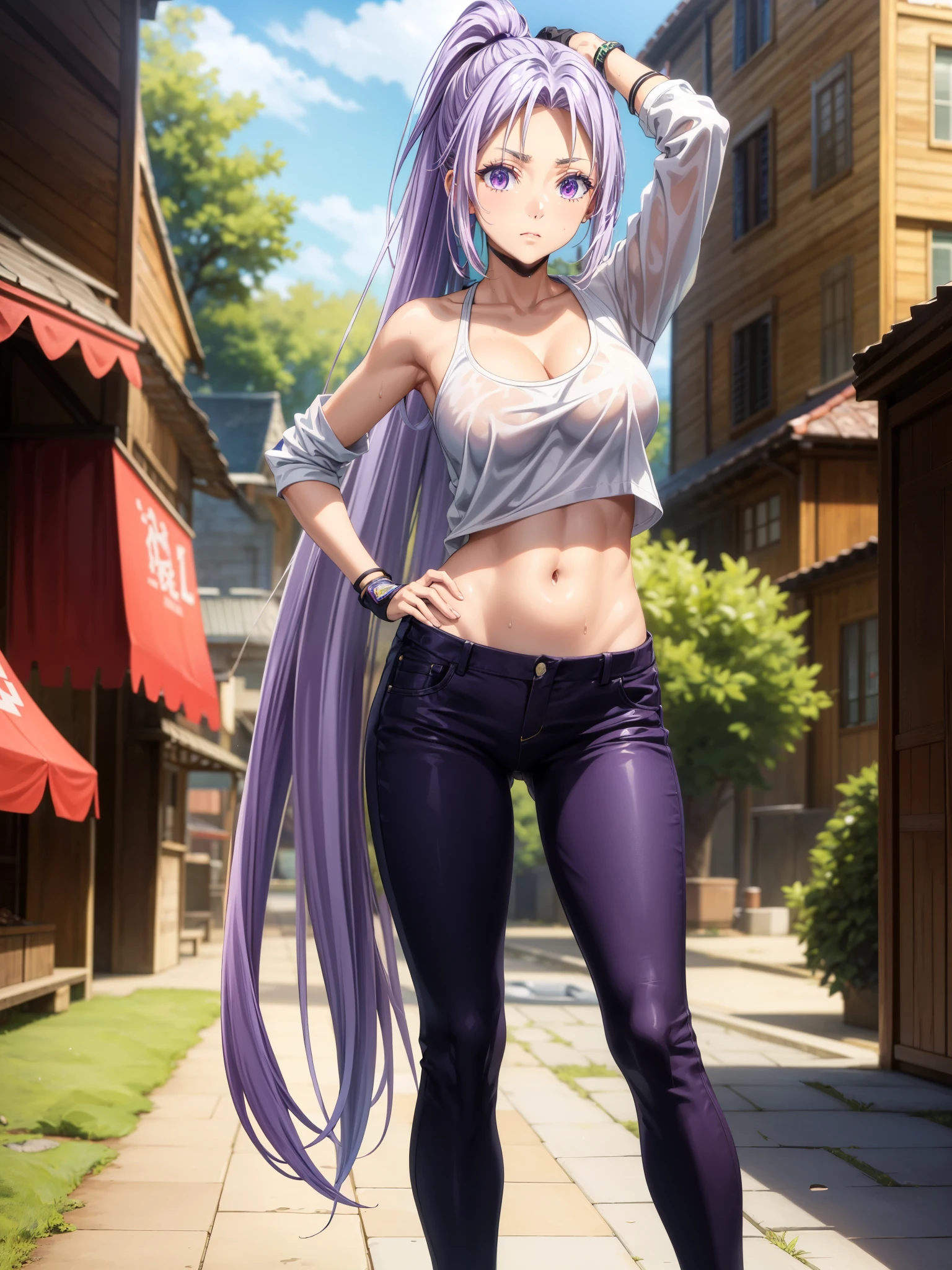 score_9、score_8_up、score_7_up、score_6_up、score_5_up、score_4_up、、solo、One girl、Purple Hair、White tank top、バギーpants、Fingerless gloves、belly button、pants、w3t、Wet tank top、Wet T-shirt、amrs behind back
