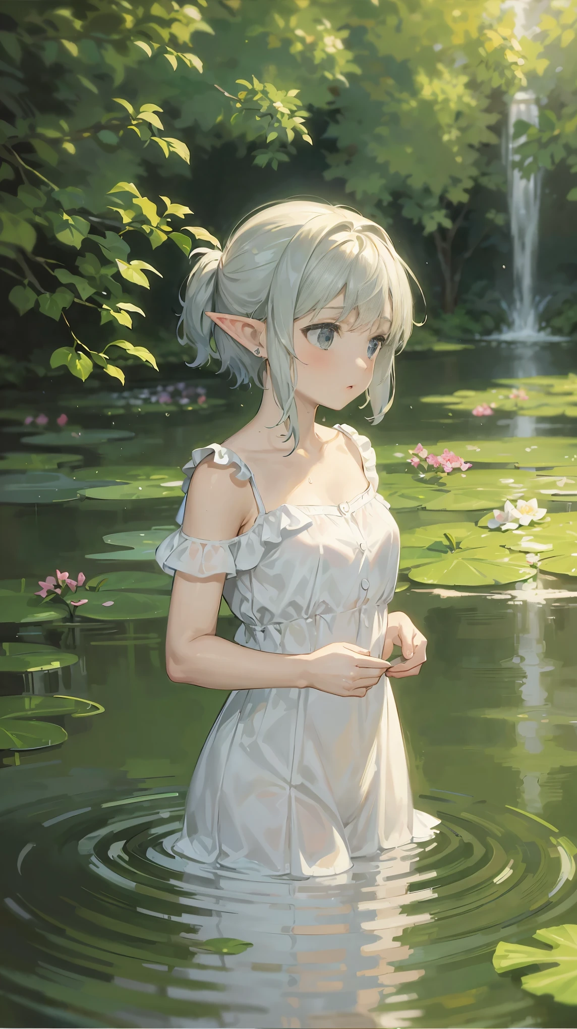 Claude Monet style, Impressionism, 1 Girl, Focus on upper body, (White camisole dress), , whole body, Silver short hair, pond, wet, ((Curtsey)), Elf ears, nipple through, transparent