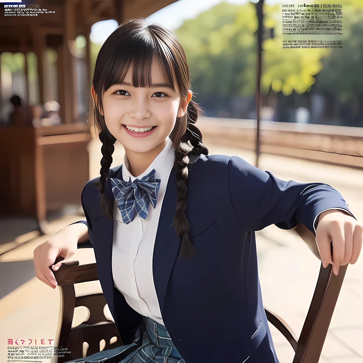 (highest quality, masterpiece:1.2), highest quality, Realistic, photograph, High resolution, 1080p, 8K, Physical Rendering, ((Height: 155cm)), Japanese girl、((((((A 13 year old beautiful Japanese fashion magazine's fashion model is looking straight at the viewer)))))), (((big very detailed beautiful dark brown eyes))), ((((laughing at me!)))), detailed fingers, (((curled blunt bangs))), ((((Very noble and cute eyes, carefully drawn with great attention to detail)))), ((double eyelids)), (((long eyelashes))), ((cute lovely lovely laughing laughing cheeks)), ((The pure white light hits my nose and cheeks. Her eyes and white facial skin shine beautifully white.)), (((((Her facial features are very expressive lovely smile, very sweet, very very intelligent))))), ((((impressive plain navy large school ribbon bow tie in plain)))), ((((black very beautiful and very long braids hair)))), (((blue and navy colored tartan checkered formal long pleated skirt))), ((((A formal dark blue blazer in solid that is slightly oversized and with a golden emblem)))), ((As elegant as a noble princess)), ((Seated on a chair of platform at a rural railway station)), ((Shooting the whole body from the side))