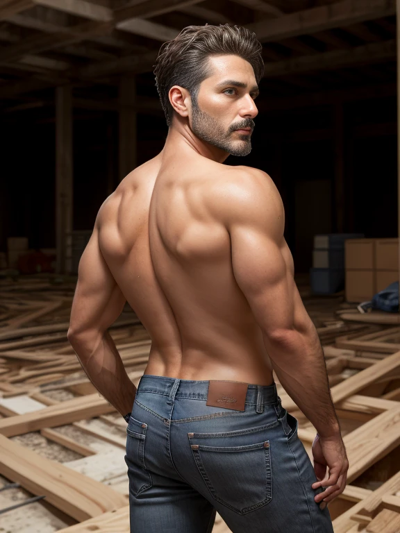 masterpiece, best quality, high resolution, closeup portrait, male focus, solo focus, A man, 40 years old, with construction worker uniform, unbuttoned work clothes, construction worker, silver grey hair, messy hairstyle, cute and seductive face, bare chest, body hair, facial hair, roman nose, very skinny body, hairy legs, dimples, beard, bold jawline ,  highly detailed, full body, jeans ((big butt))((backside))