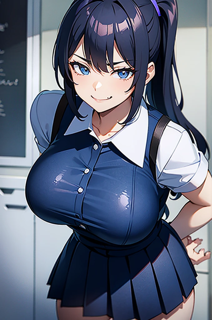 dark blue ponytail, modern high school student uniform, age 18, enormous breasts, smirk, slutty, slut, whore