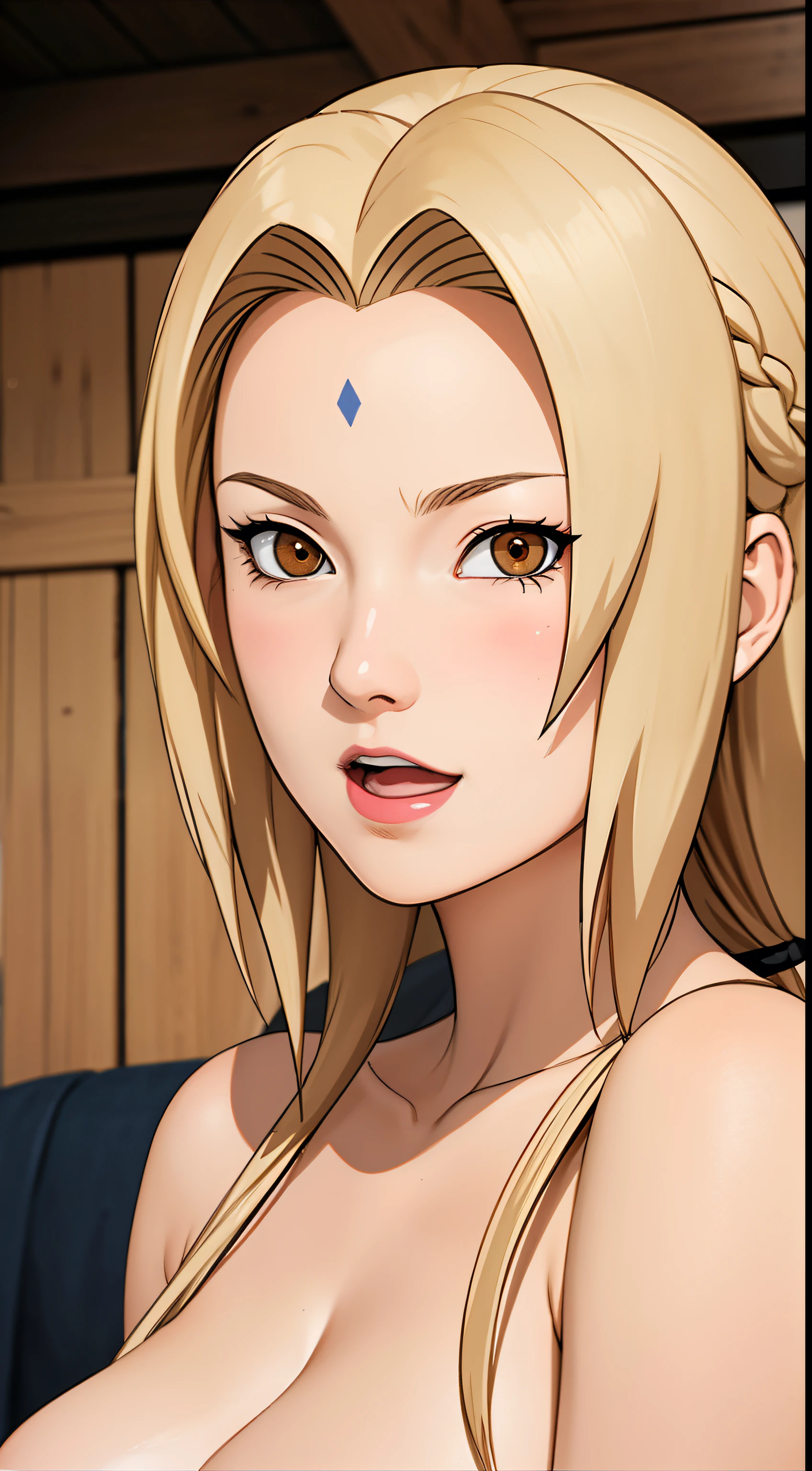 blushing, open mouth, masterpiece, best quality, ultra-detailed, 1girl, upper body, long hair, blonde hair, french braid, brown eyes, blunt bangs, nude, naked, huge breasts, cool attitude looking at viewer, Tsunade \(shippuden\)