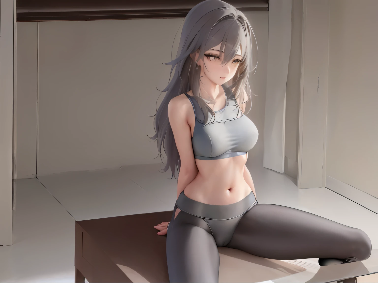 masterpiece, best quality, photorealistic,  Ultra Detailed, Extremely Detailed 16k CG Wallpaper, Beautiful Face，detailed eyes ，yujiasuit, yoga sports bra, yoga pants,grey sports bra, grey pants, stelle，(straddle split)，stelle，1girl，Stelle,female trailblazer，full body，big ass