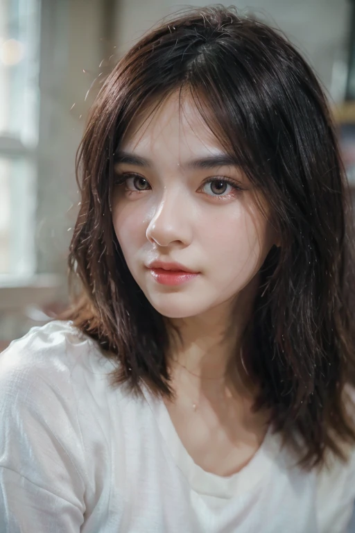 a young woman with long black hair, innocent gaze, large dark eyes, rosy cheeks, fair skin, small breasts, wearing a childlike cat-print pajama, realistic, photorealistic, photo-realistic:1.37, (best quality,4k,8k,highres,masterpiece:1.2),ultra-detailed,(realistic,photorealistic,photo-realistic:1.37),HDR,UHD,studio lighting,ultra-fine painting,sharp focus,physically-based rendering,extreme detail description,professional,vivid colors,bokeh,cute,adorable,kawaii,elegant,beautiful,detailed face,intricate details,cinematic lighting,warm tones