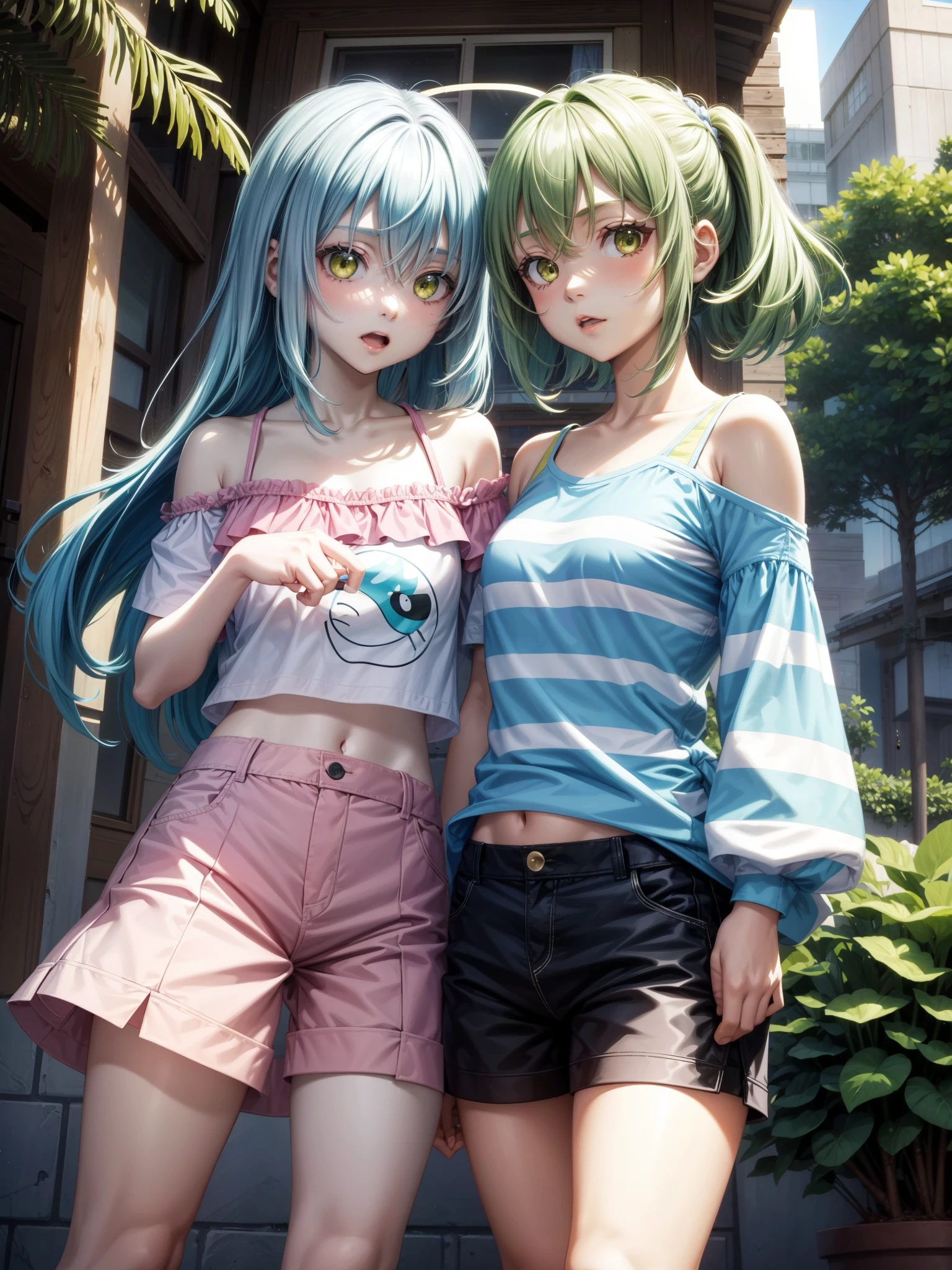 score_9、score_8_up、score_7_up、score_6_up、source_anime、alphonsestyle、Line art、Mei Sunohara、Green striped shoulder t-shirt、Pink shorts、