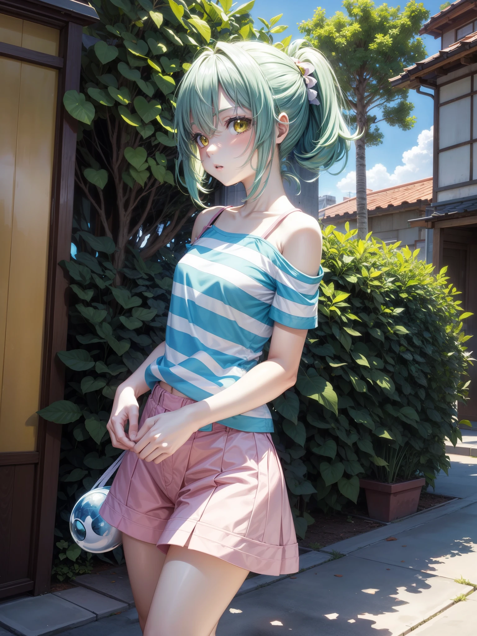 score_9、score_8_up、score_7_up、score_6_up、source_anime、alphonsestyle、Line art、Mei Sunohara、Green striped shoulder t-shirt、Pink shorts、