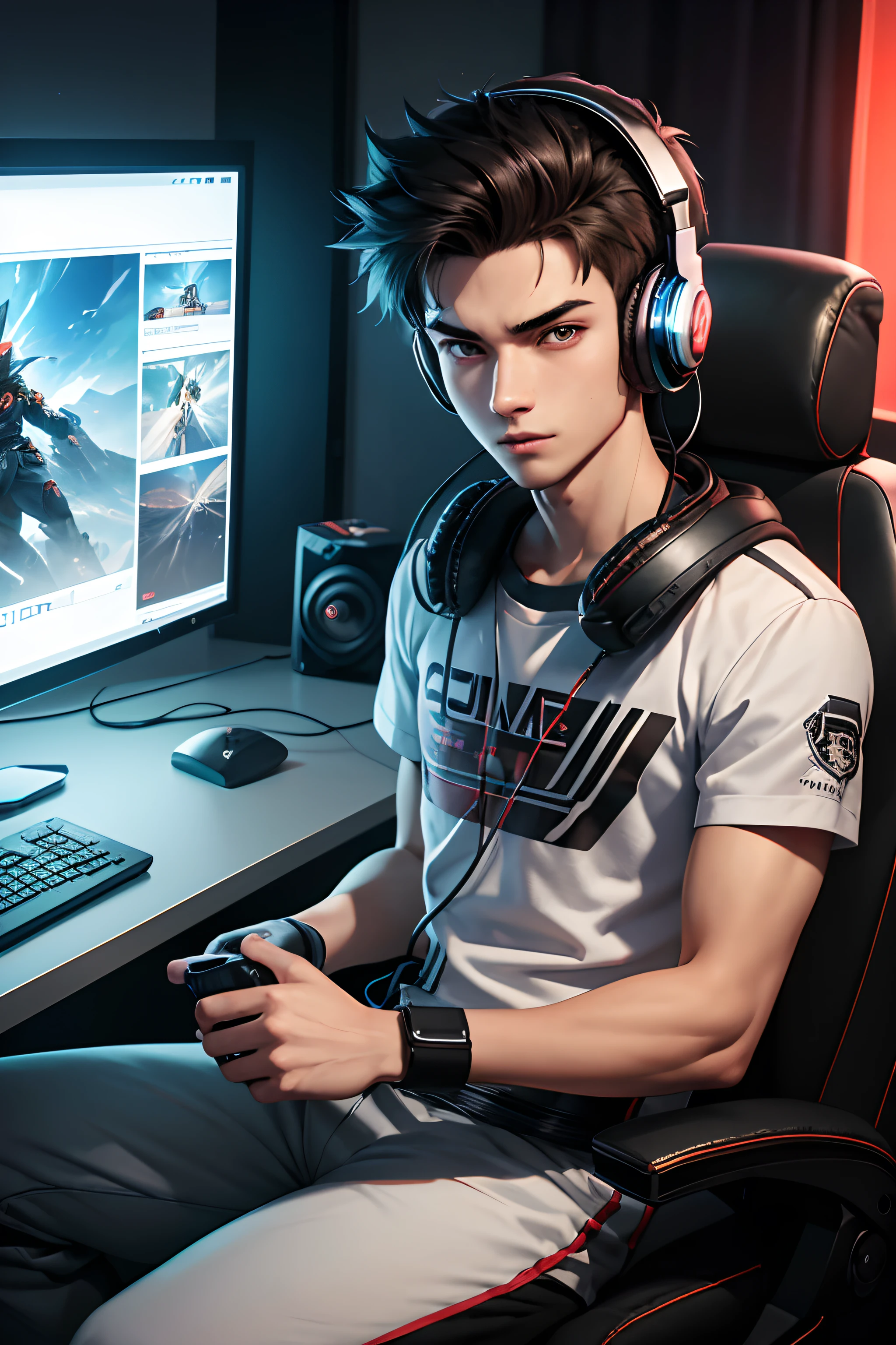 (a man,20 years old, gamer, streamer, anime style:1.1),(best quality,8k,highres,realistic:1.2): Sitting in front of his gaming setup, a young man, 20 years old, with a passion for gaming, wears a stylish headset on his head, creating an immersive experience. The anime-style artistry brings vibrant colors and vivid details to life, enhancing the visual appeal of the scene. The high-quality rendering in 8k resolution showcases the fine details of the character, highlighting every line and curve. The lighting is perfect, capturing the essence of a gaming streamer's room with studio-like precision. The overall composition is kept simple and minimalist, allowing the focus to be on the character and his gaming setup.