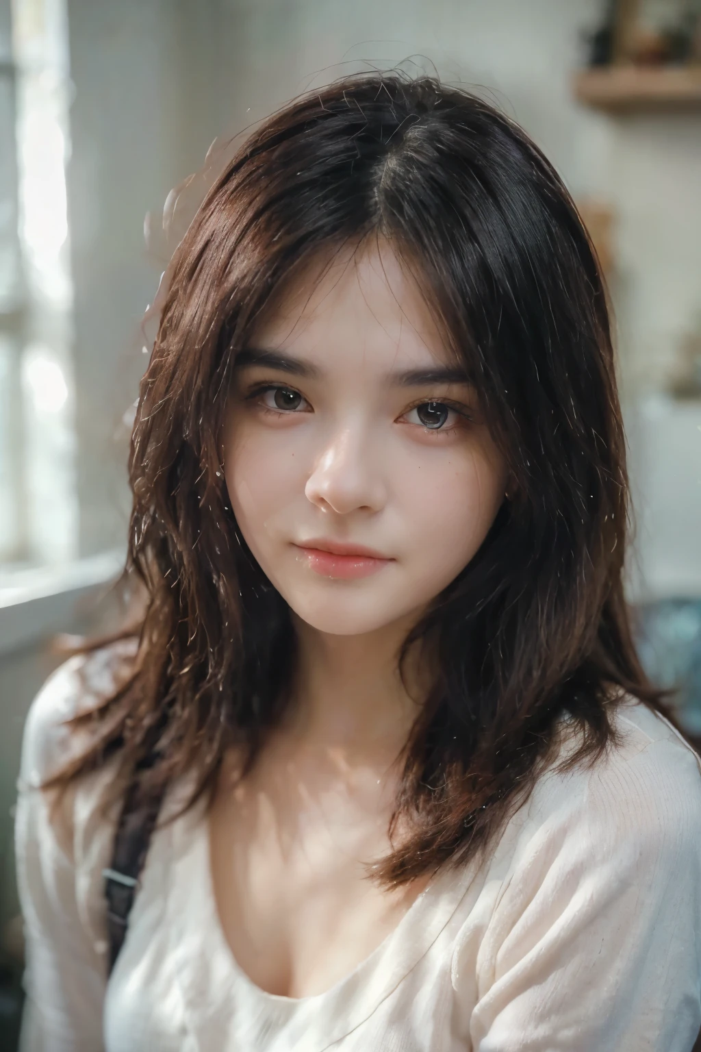 a young woman with long black hair, innocent gaze, large dark eyes, rosy cheeks, fair skin, small breasts, wearing a childlike cat-print pajama, realistic, photorealistic, photo-realistic:1.37, (best quality,4k,8k,highres,masterpiece:1.2),ultra-detailed,(realistic,photorealistic,photo-realistic:1.37),HDR,UHD,studio lighting,ultra-fine painting,sharp focus,physically-based rendering,extreme detail description,professional,vivid colors,bokeh,cute,adorable,kawaii,elegant,beautiful,detailed face,intricate details,cinematic lighting,warm tones