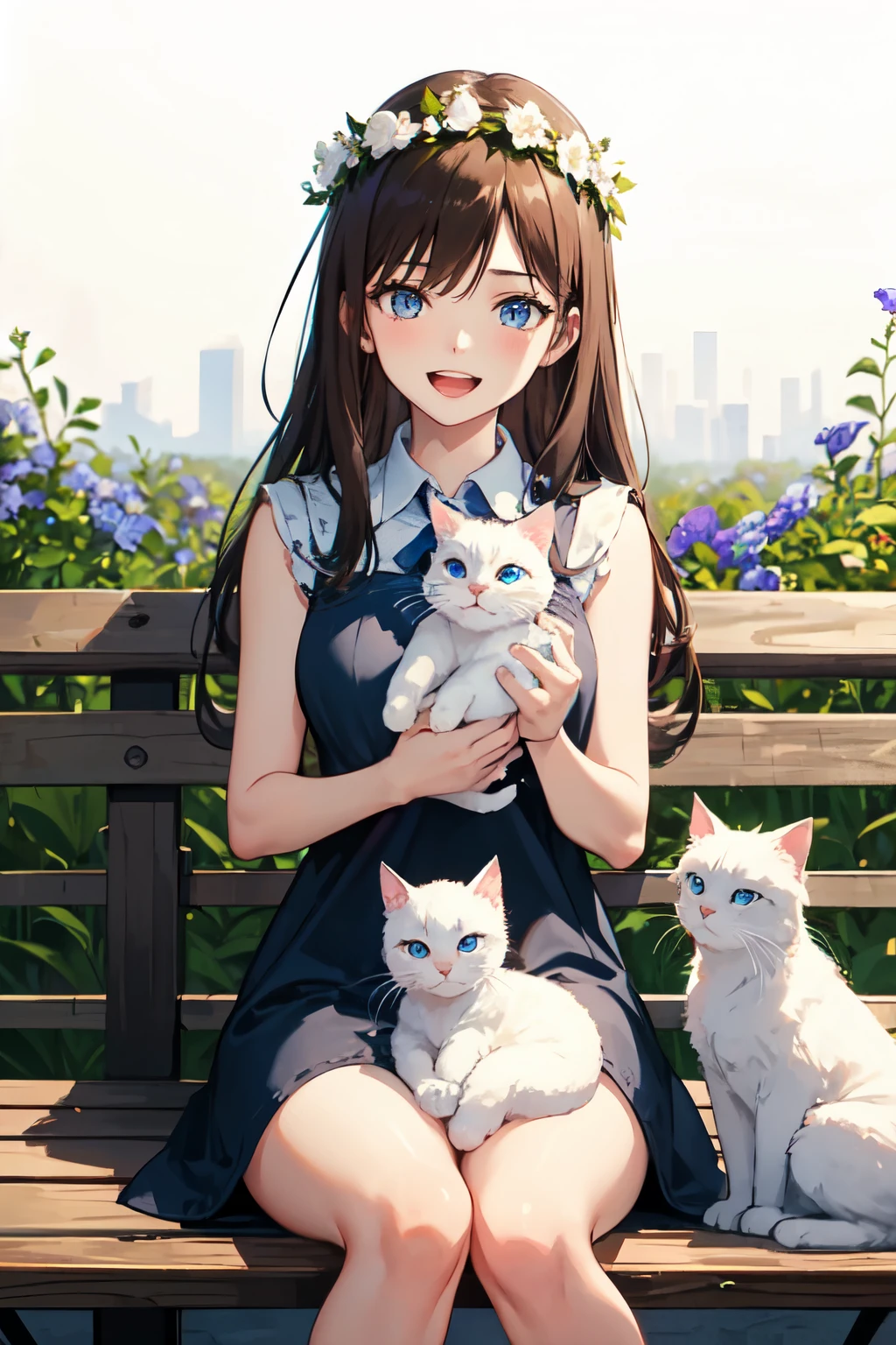 woman,22 years old,Semi-long brown hair,With bangs,Wearing a flower crown,blue eyes,Laughing,Denim dress,Sitting on a bench holding a white cat,blue flower field