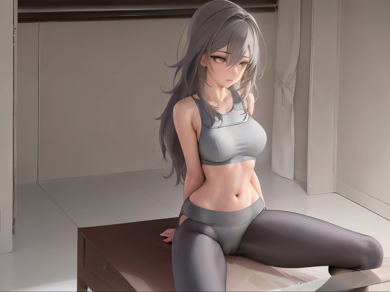masterpiece, best quality, photorealistic, Ultra Detailed, Extremely Detailed 16k CG Wallpaper, Beautiful Face,detailed eyes ,yujiasuit, yoga sports bra, yoga pants,grey sports bra, grey pants, stelle,(straddle split),stelle,1girl,Stelle,female trailblazer,full body,big ass