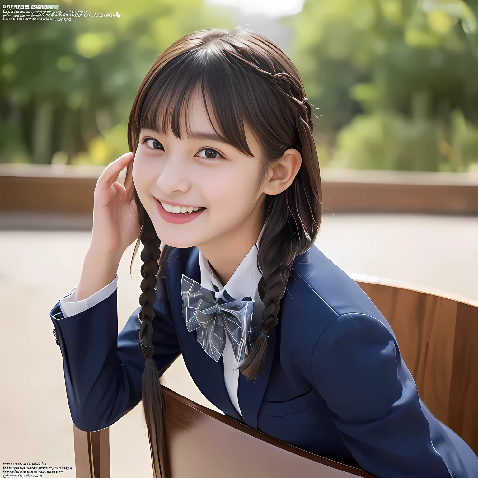 (highest quality, masterpiece:1.2), highest quality, Realistic, photograph, High resolution, 1080p, 8K, Physical Rendering, ((Height: 155cm)), Japanese girl、((((((A 13 year old beautiful Japanese fashion magazine's fashion model is looking straight at the viewer)))))), (((big very detailed beautiful dark brown eyes))), ((((laughing at me!)))), detailed fingers, (((curled blunt bangs))), ((((Very noble and cute eyes, carefully drawn with great attention to detail)))), ((double eyelids)), (((long eyelashes))), ((cute lovely lovely laughing laughing cheeks)), ((The pure white light hits my nose and cheeks. Her eyes and white facial skin shine beautifully white.)), (((((Her facial features are very expressive lovely smile, very sweet, very very intelligent))))), ((((impressive plain navy large school ribbon bow tie in plain)))), ((((black very beautiful and very long braids hair)))), (((blue and navy colored tartan checkered formal long pleated skirt))), ((((A formal dark blue blazer in solid that is slightly oversized and with a golden emblem)))), ((As elegant as a noble princess)), ((Seated on a chair of platform at a rural railway station)), ((Shooting the whole body from the side))